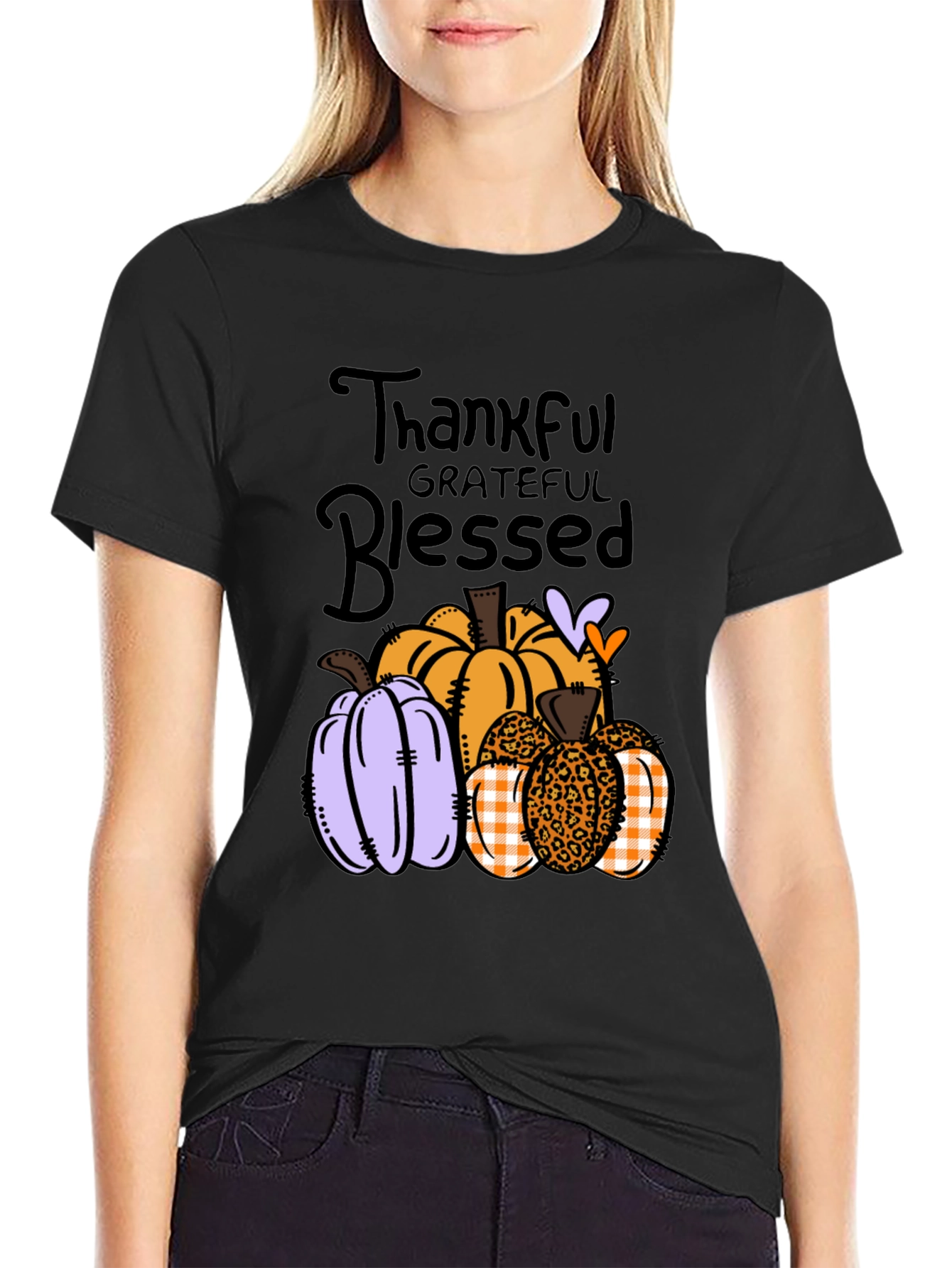 Black Thankful Grateful Blessed Pumpkin T-Shirt view 2