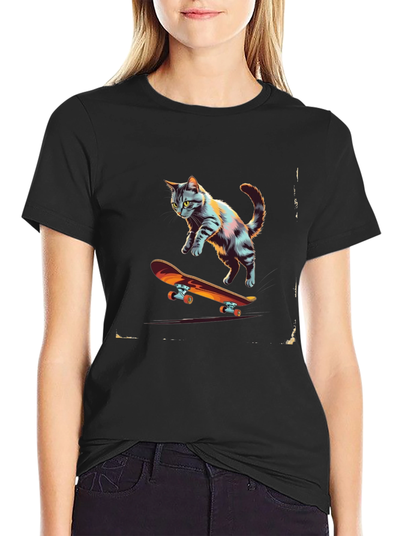 Black Skateboarding Cat Graphic Tee view 2