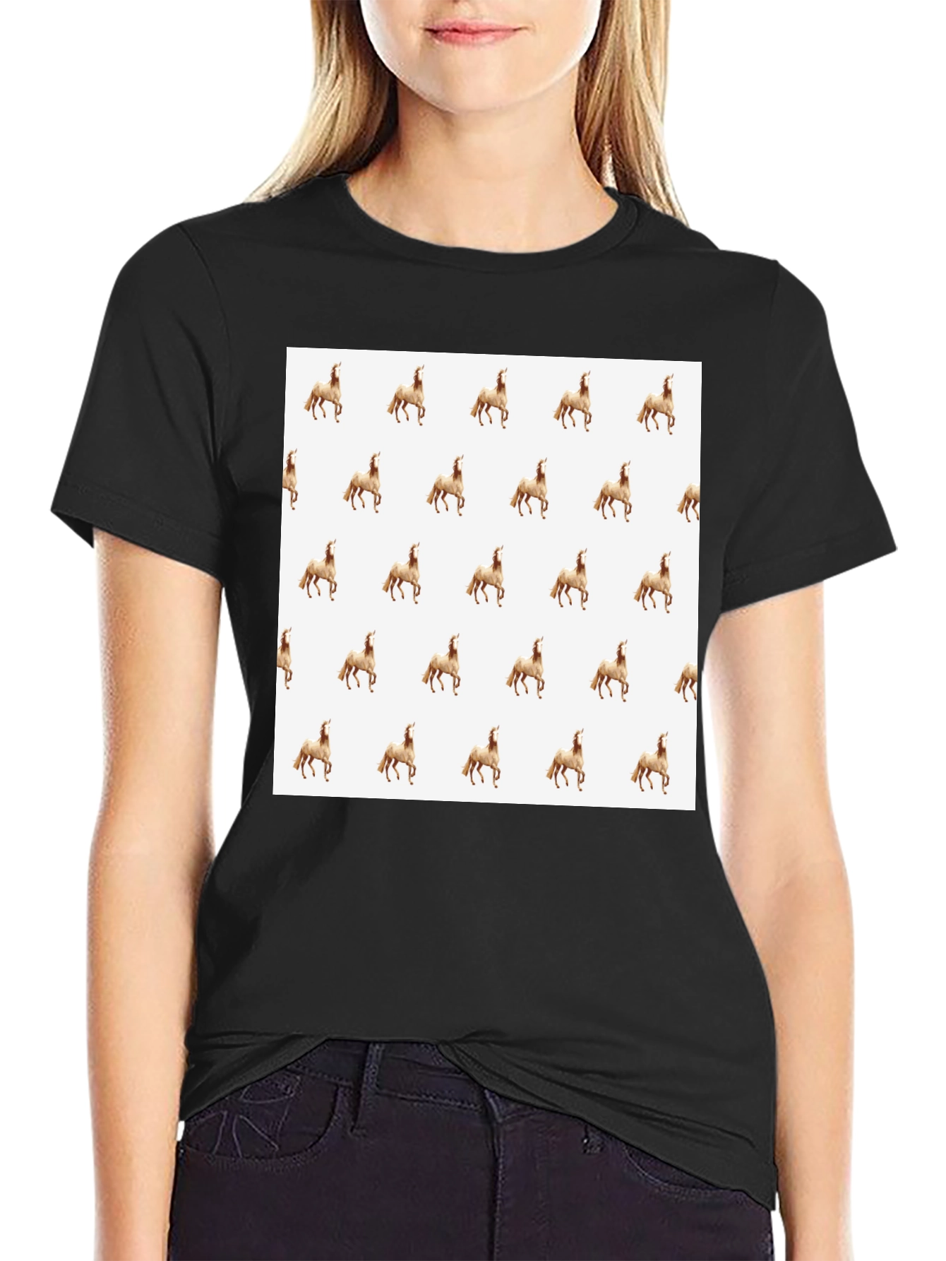Black Patterned Horse T-Shirt - Black, Unique Print Tee view 2