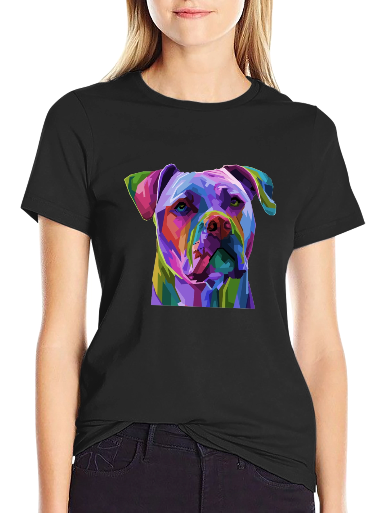 Black Colorful Pitbull Dog Graphic Print Black T-Shirt view 2