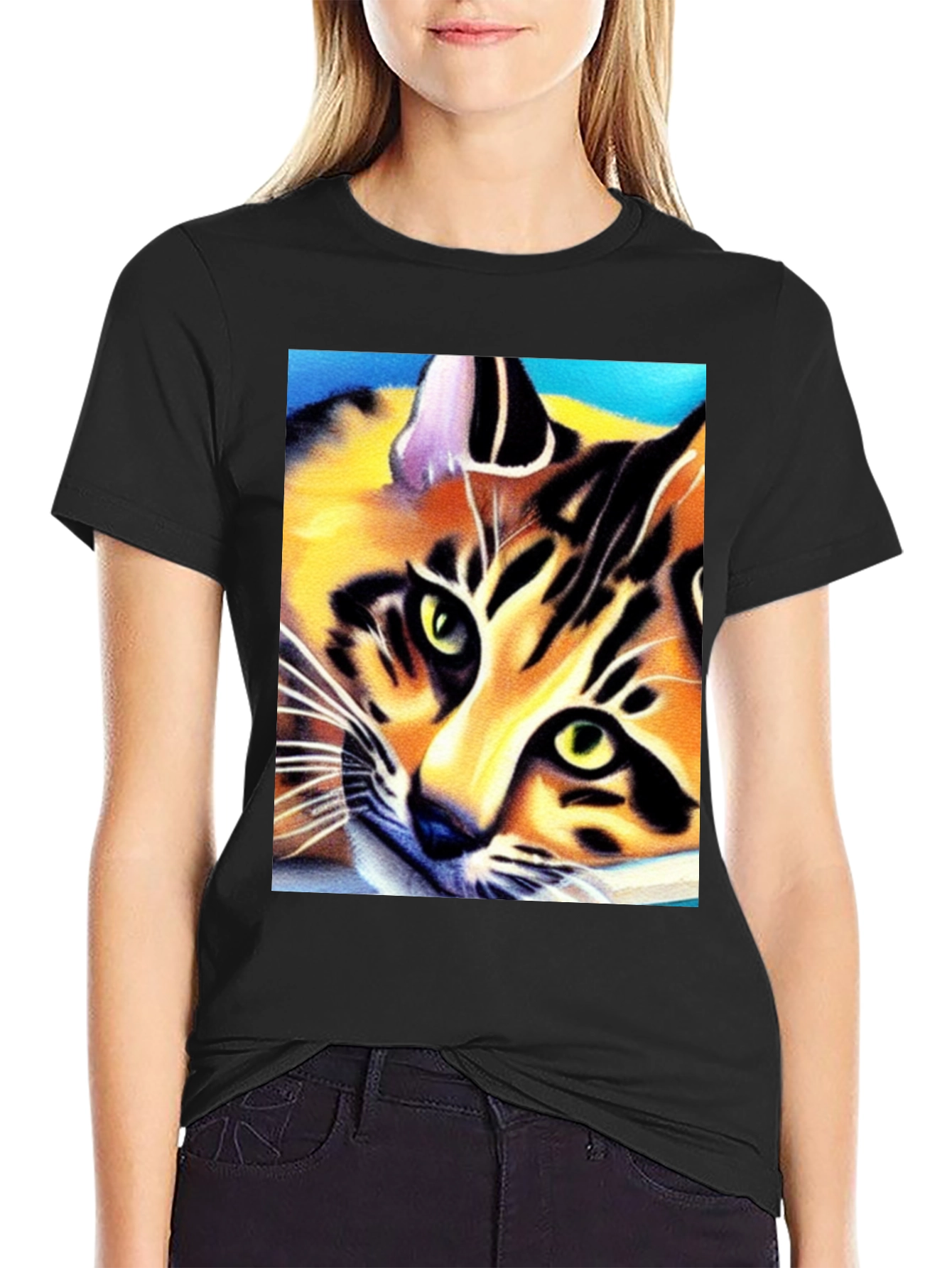 Black Cool Cat Art Graphic T-Shirt view 2