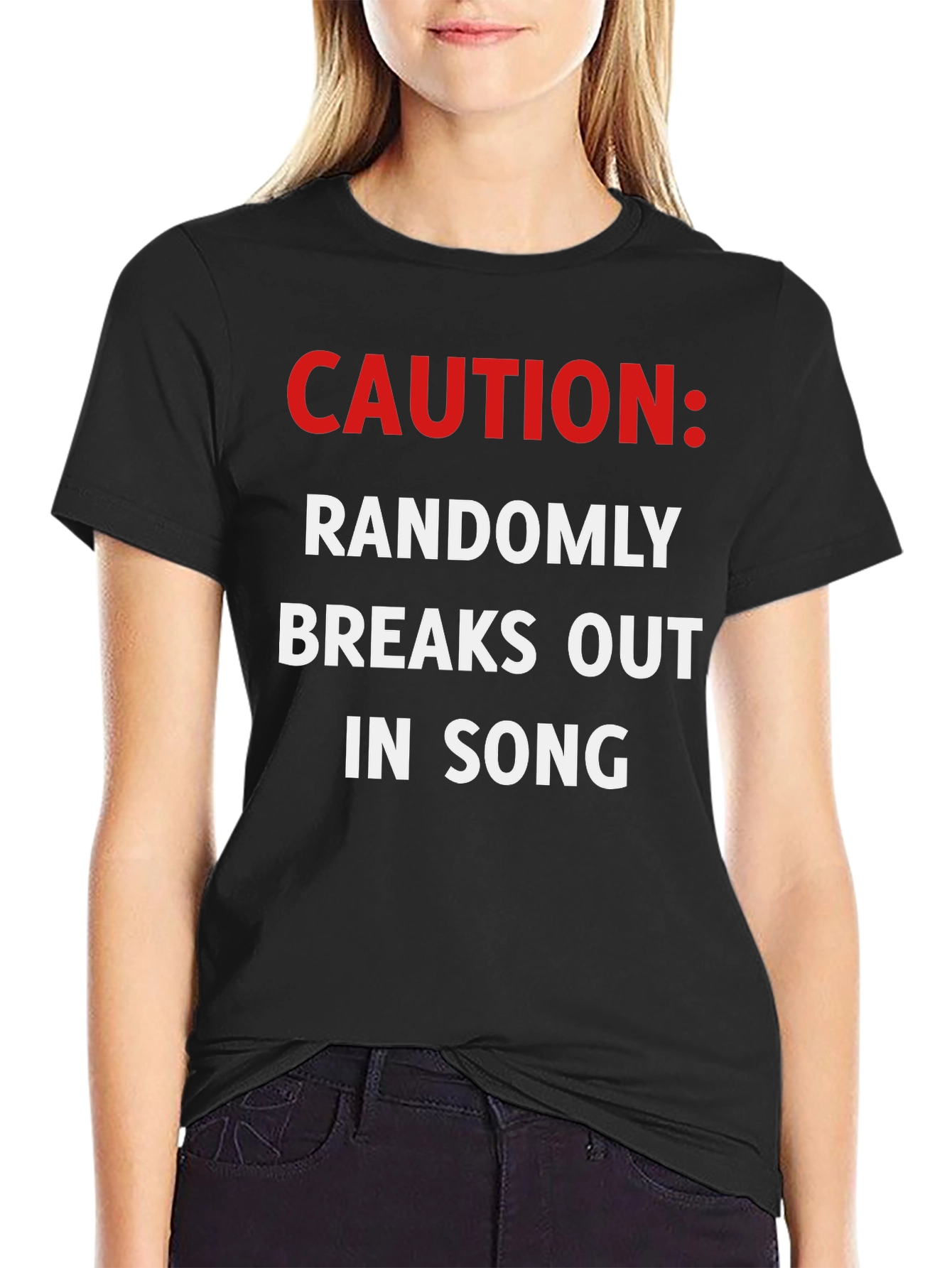 Black Caution Randomly Breaks Out In Song Black T-Shirt view 2