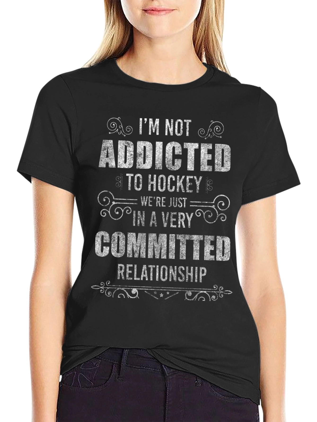Black Hockey Addicted T-Shirt - Committed Relationship Tee view 2