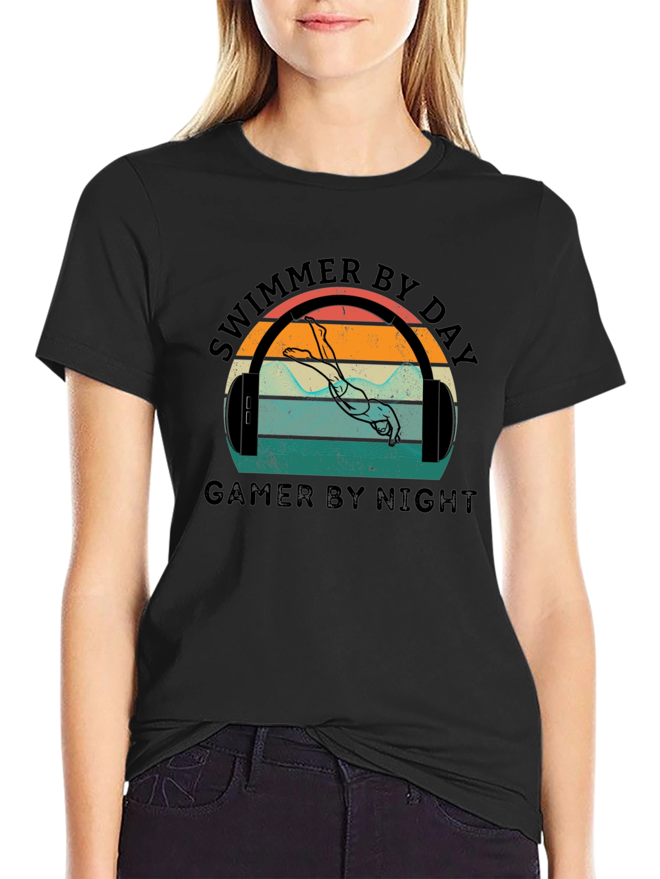 Black Swimmer By Day Gamer By Night Graphic T-Shirt view 2