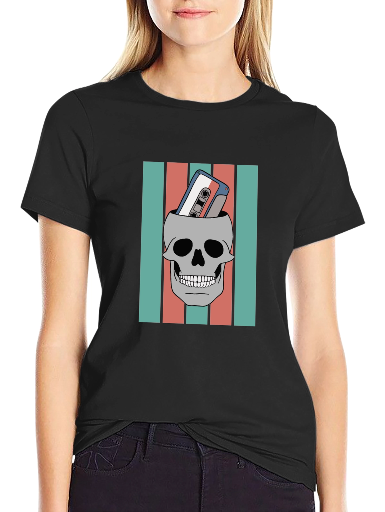 Black Skull & Cassette Tape Graphic Tee - Retro Music Vibes view 2