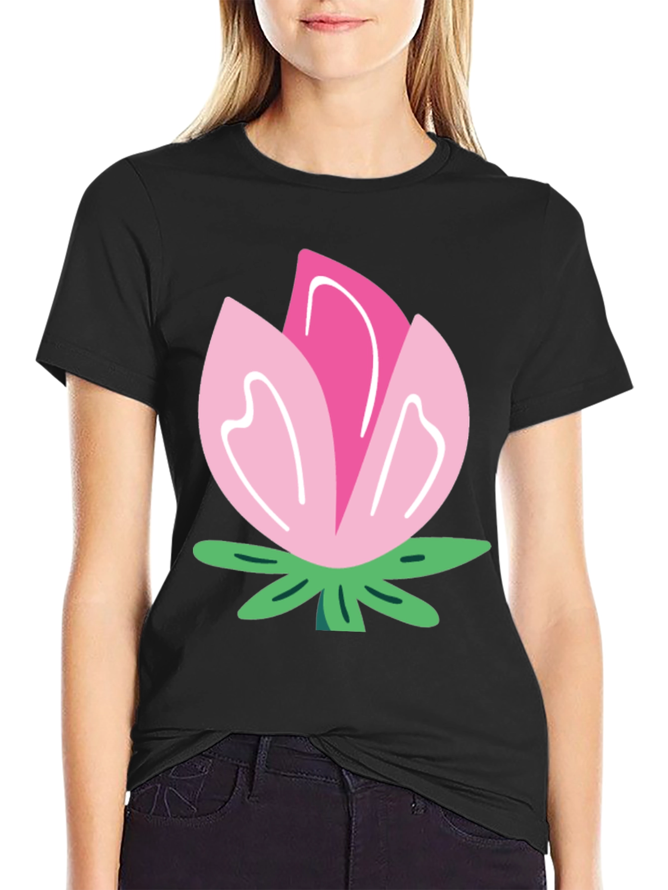 Black Pink Flower Graphic T-Shirt - Soft Cotton Blend view 2