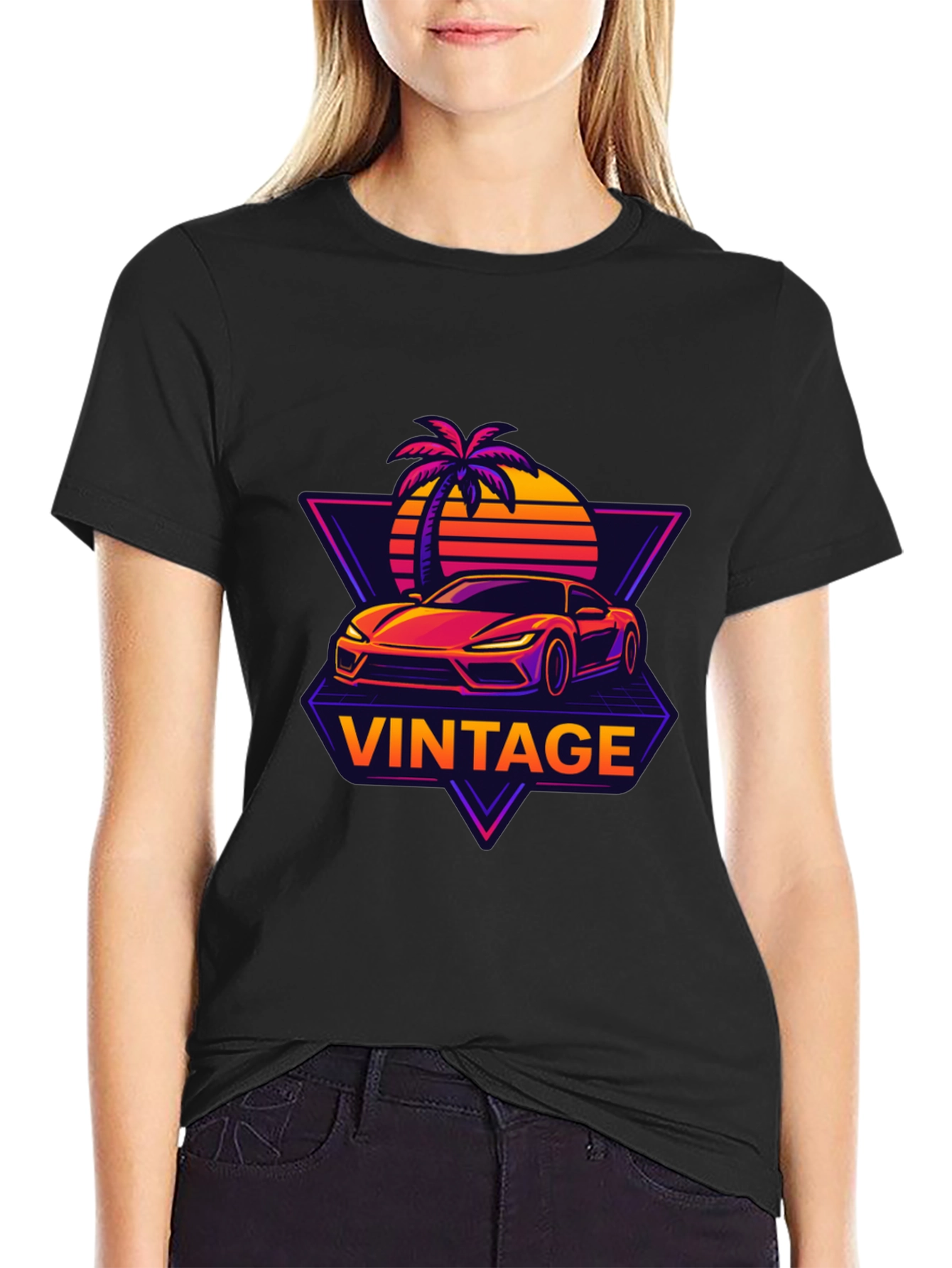 Black Vintage Sunset Car Graphic T-Shirt view 2