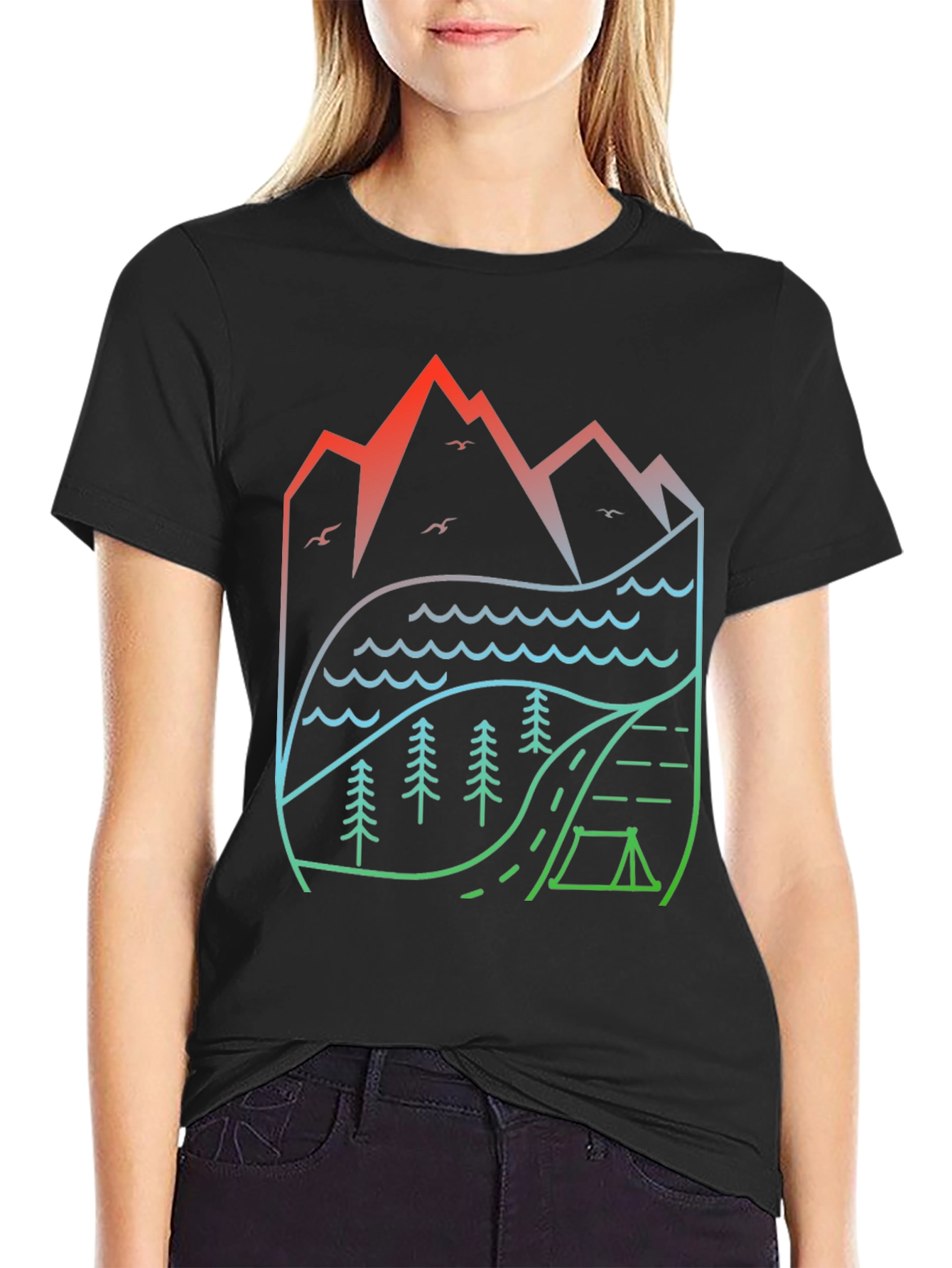 Black Nature's Embrace T-Shirt: Mountain, Lake, Camping Design view 2