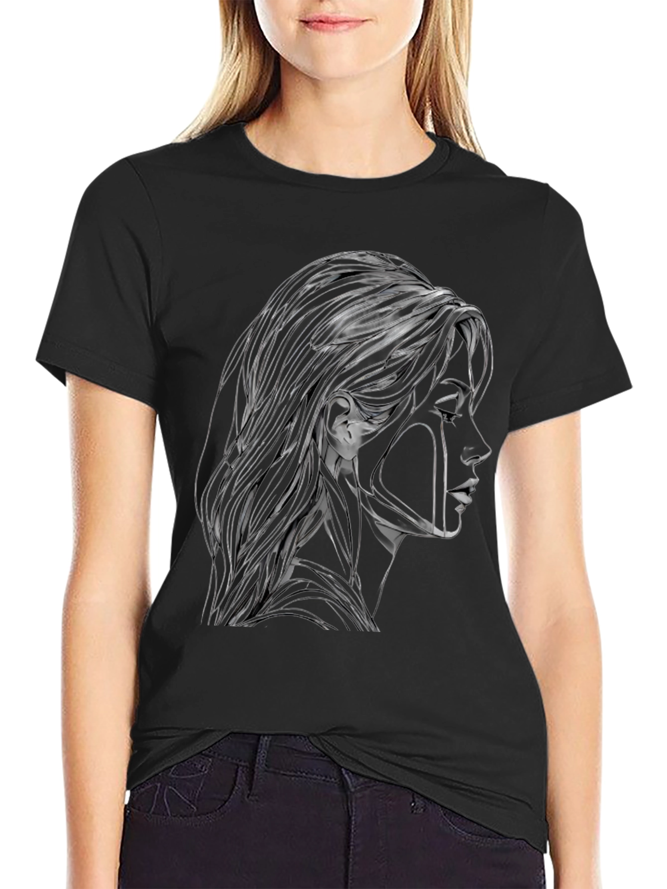 Black Abstract Woman Graphic Black T-Shirt view 2