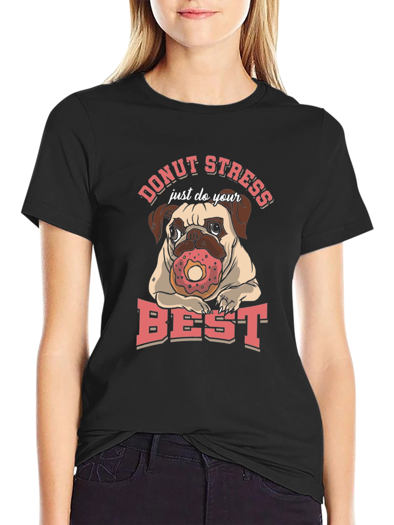 Black Donut Stress Pug T-Shirt view 2