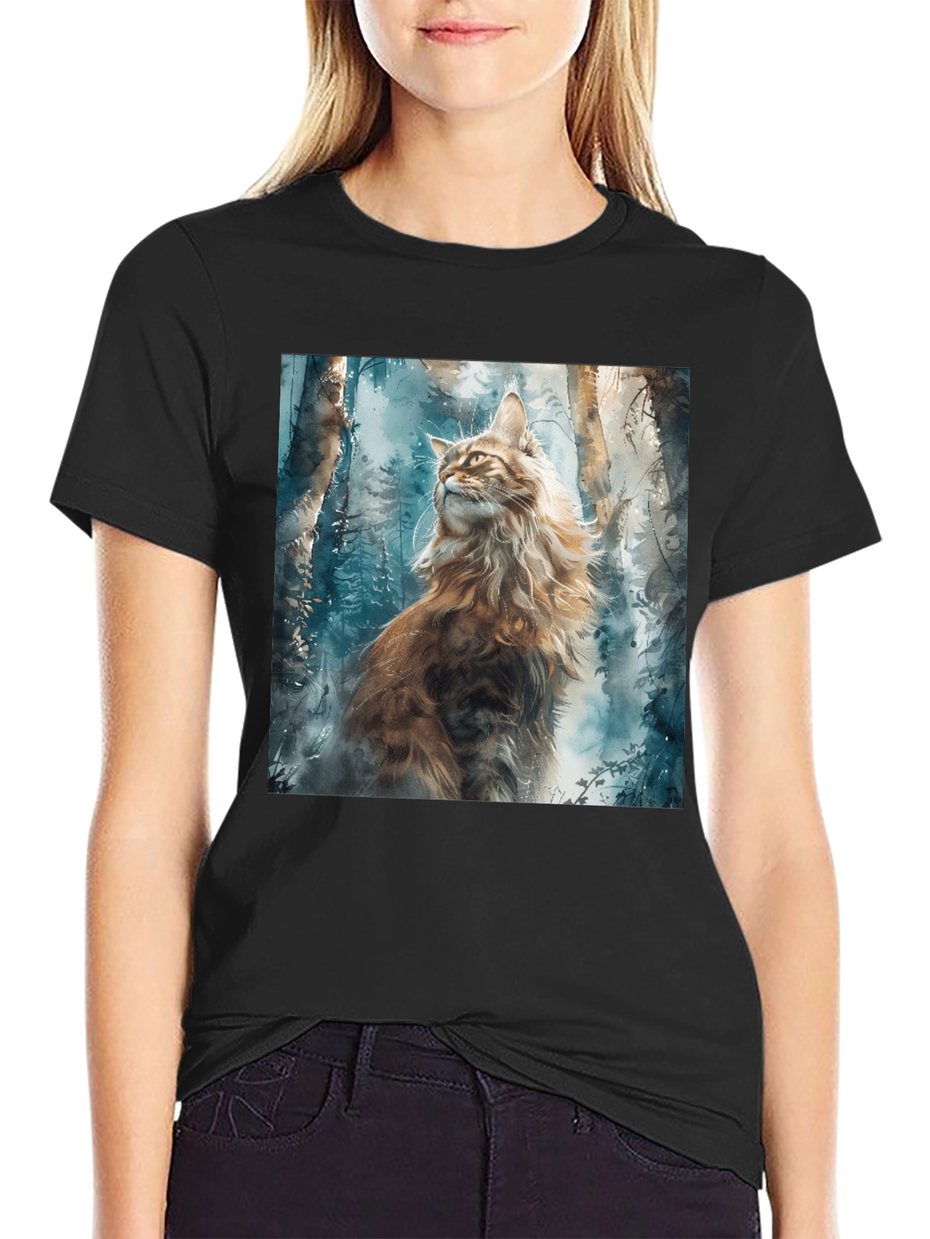 Black Watercolor Cat in Forest Graphic Tee view 2