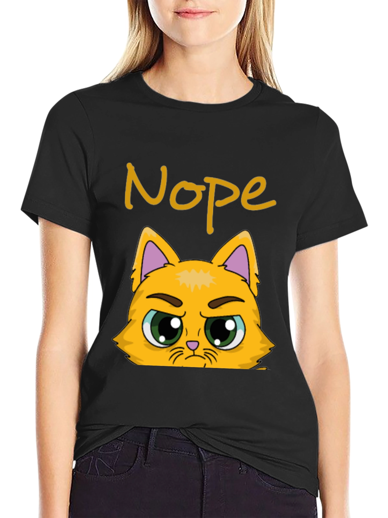 Black Nope Cat Graphic T-Shirt - Funny Grumpy Kitten Tee view 2