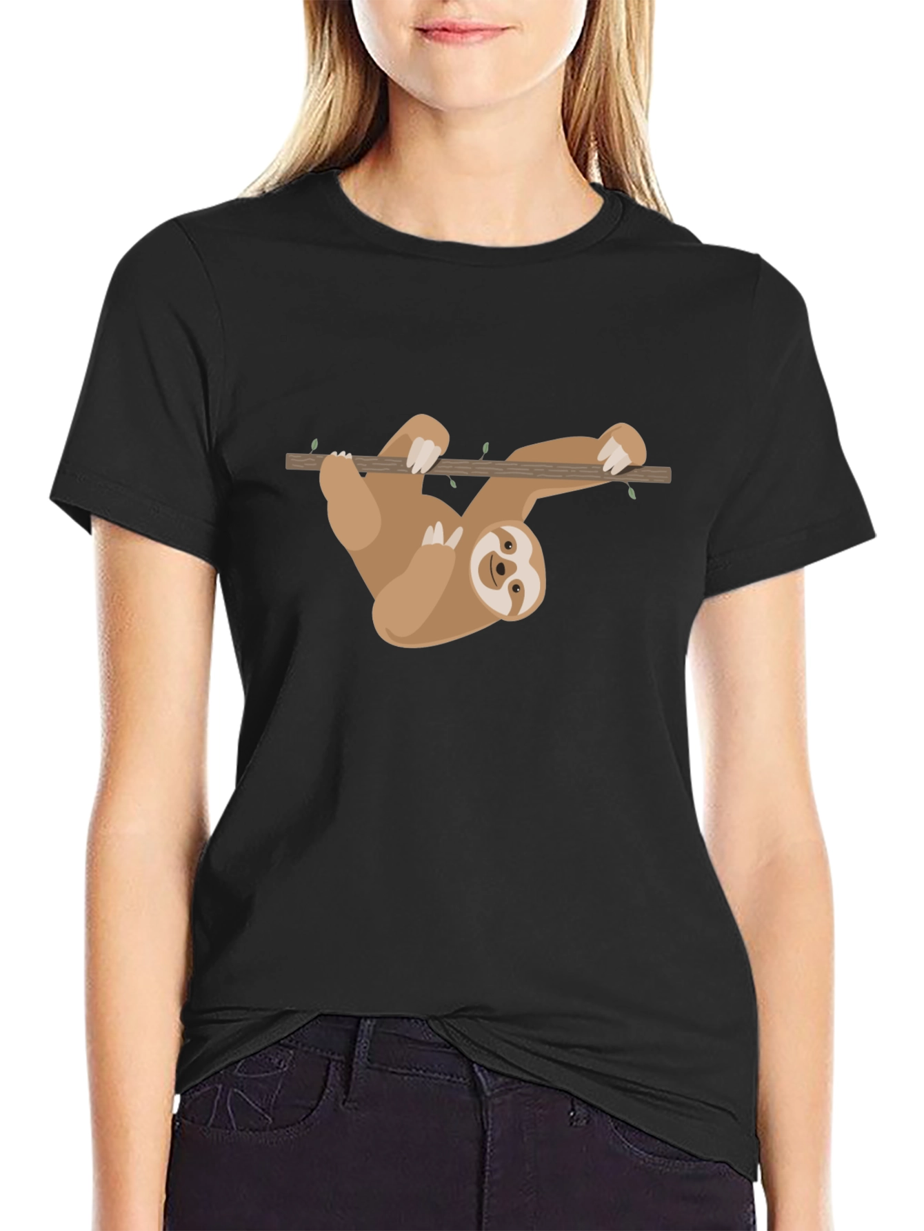 Black Sloth Hanging T-Shirt - Cute Cartoon Design view 2