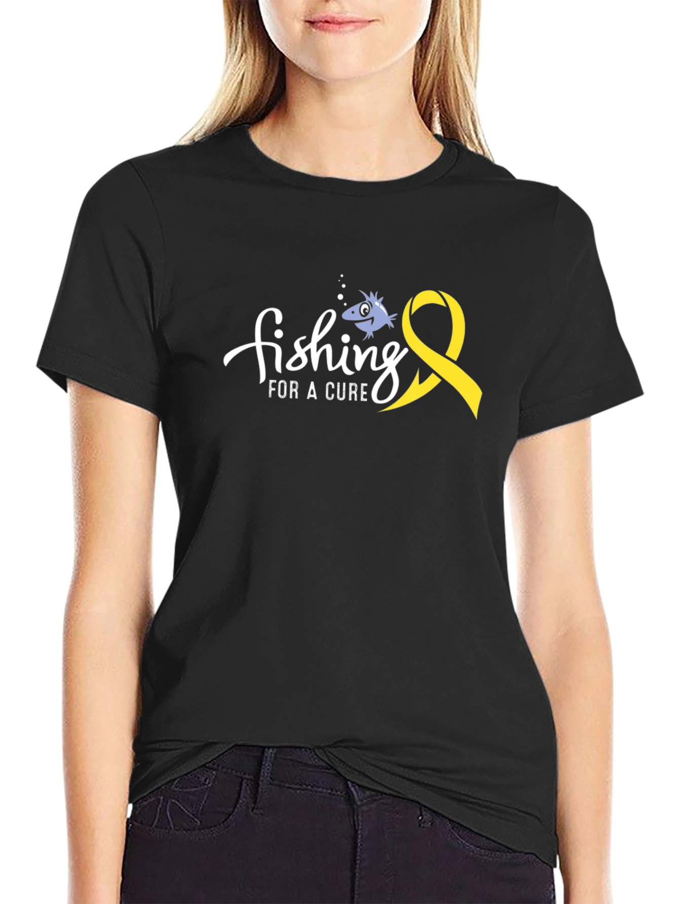 Black Fishing for a Cure T-Shirt - Childhood Cancer Awareness view 2