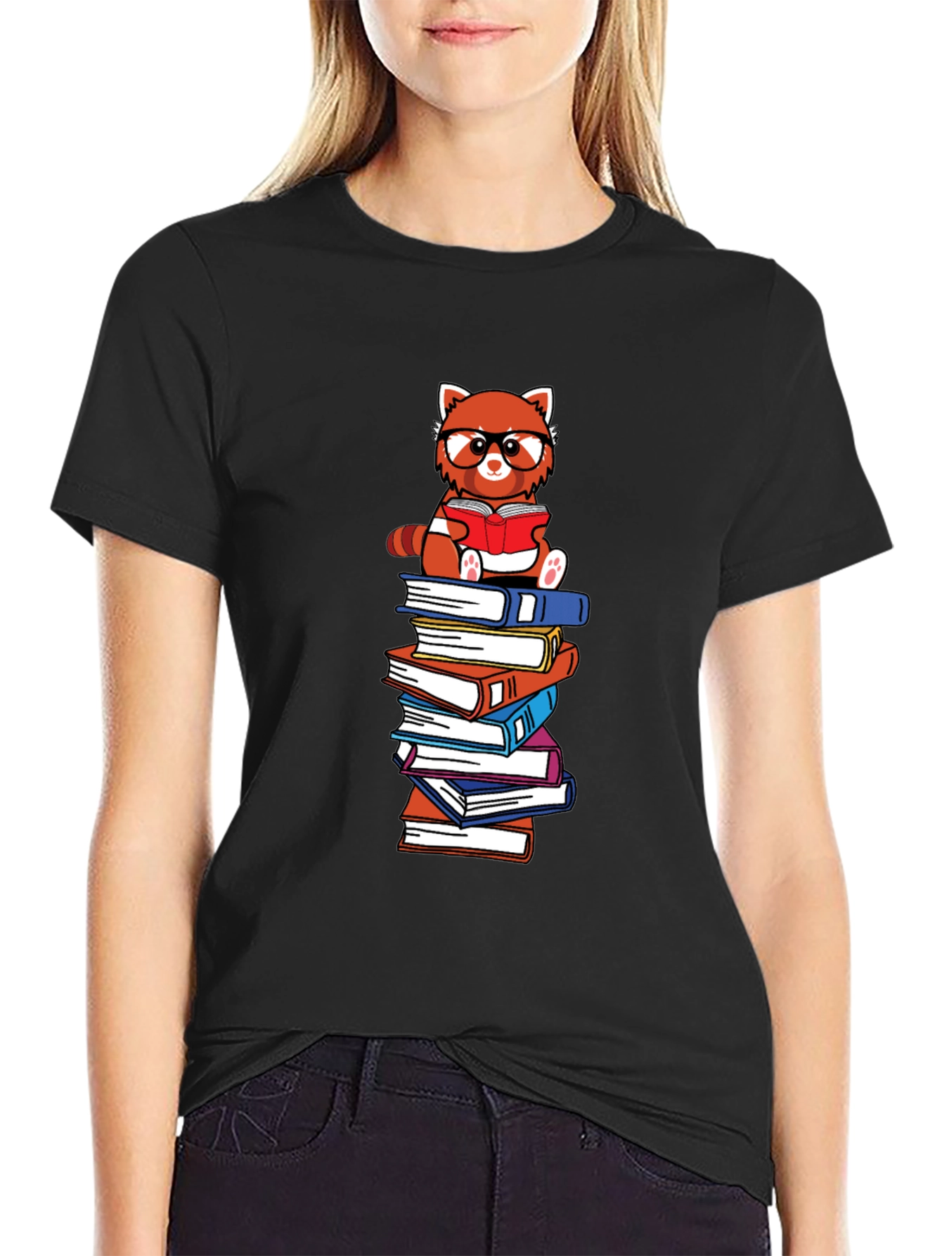 Black Red Panda Reader Graphic Tee - Book Lover T-Shirt view 2