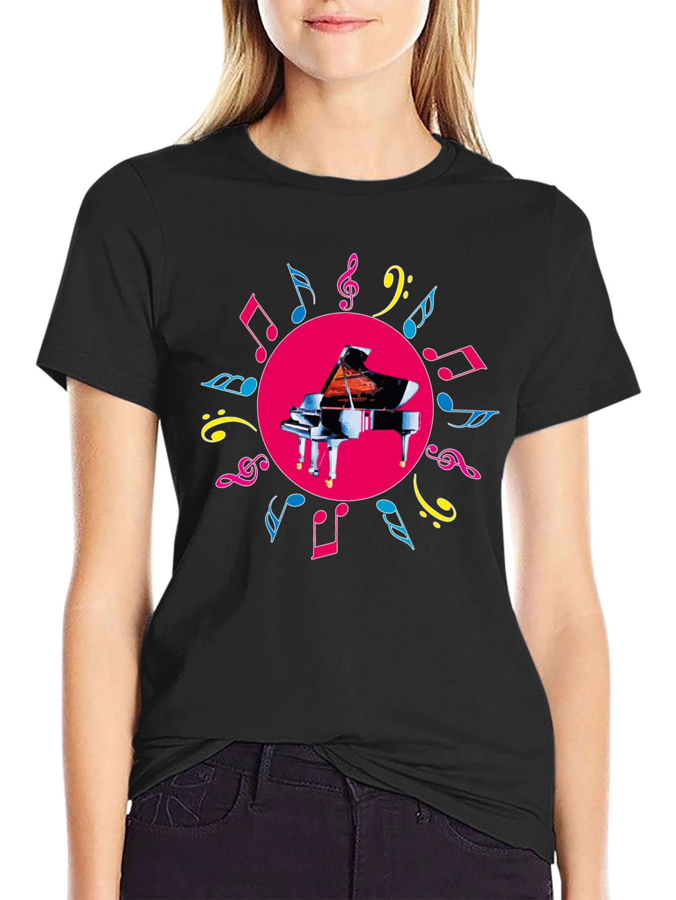Black Piano & Music Notes Graphic Tee - Black view 2