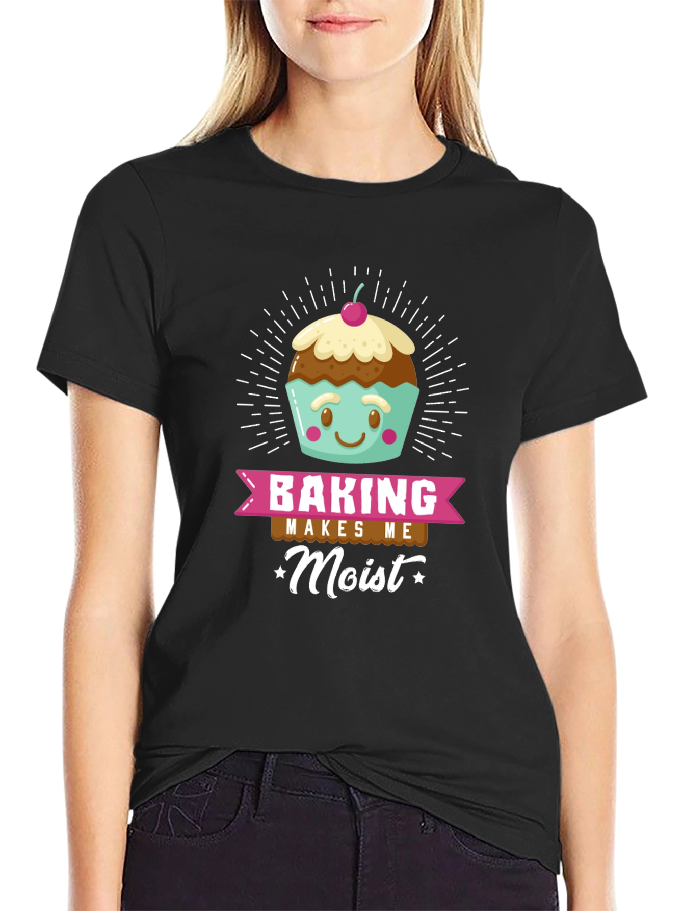 Black Baking Makes Me Moist Funny T-Shirt view 2