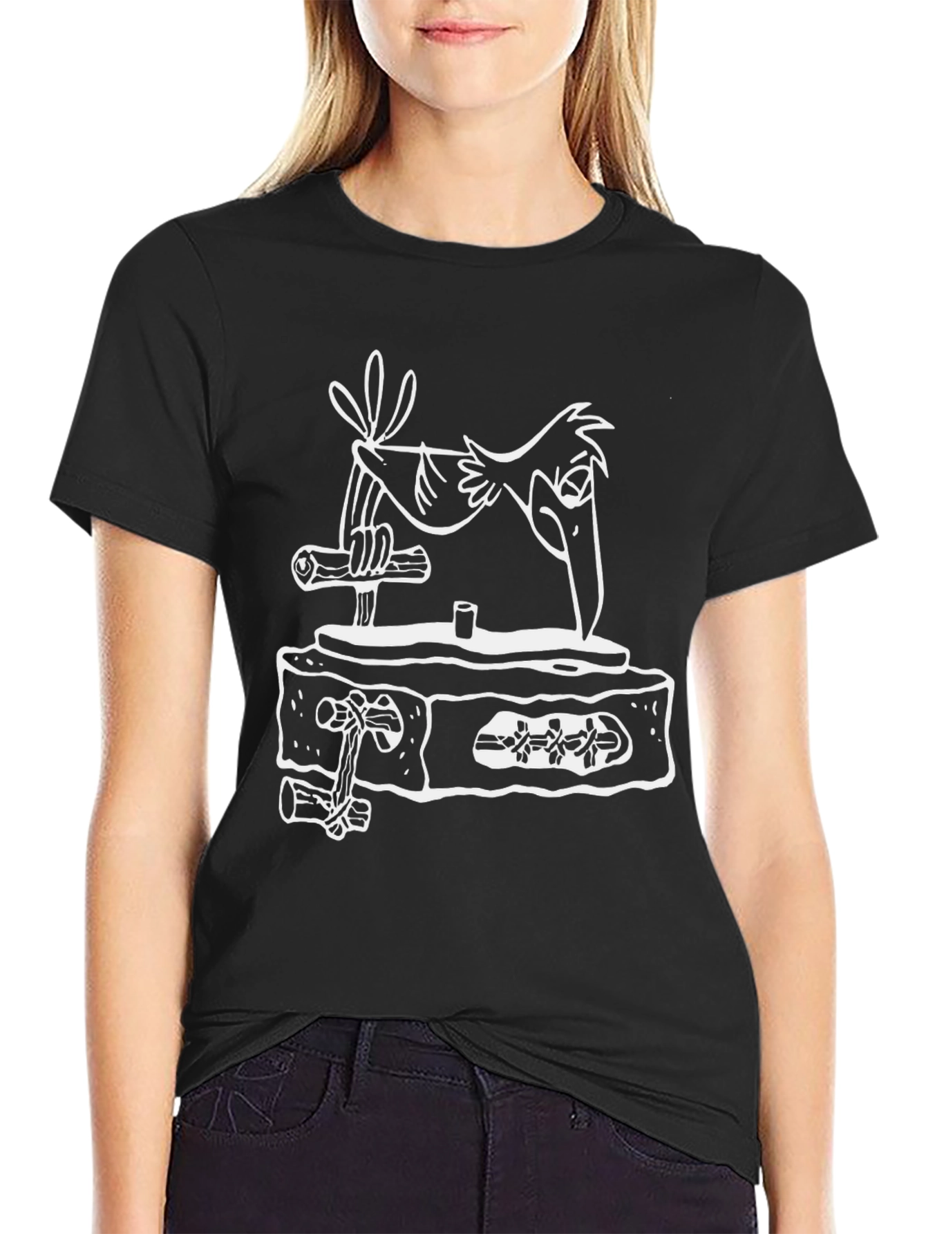 Black Cartoon Bird Design Tee view 2