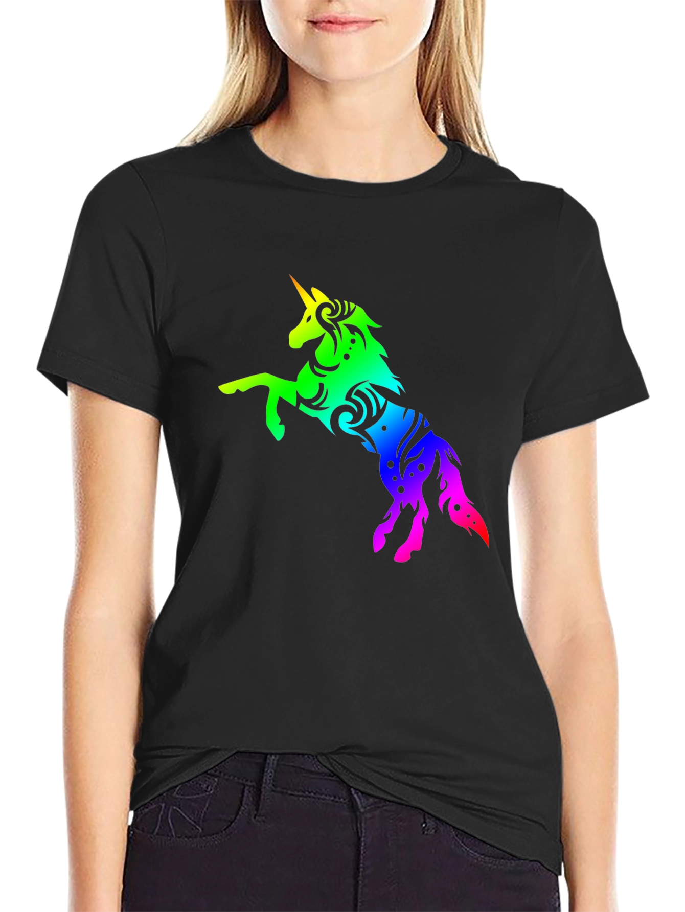 Black Rainbow Unicorn Graphic Tee - Stylish Black T-Shirt view 2