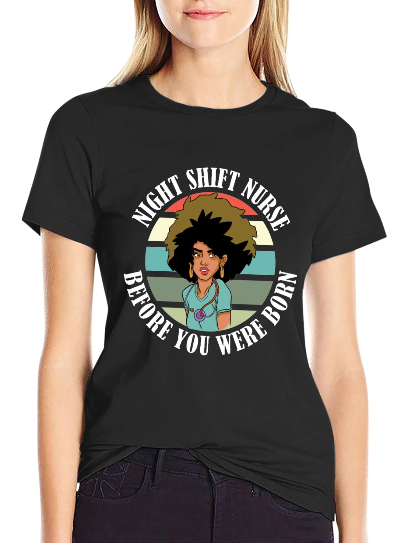 Black Night Shift Nurse T-Shirt - Retro Design view 2
