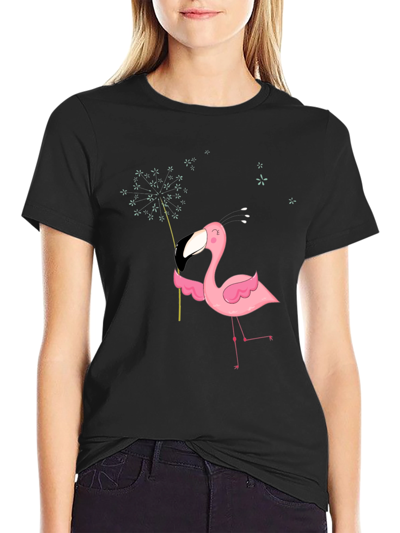 Black Men's Black T-Shirt with Flamingo Graphic view 2