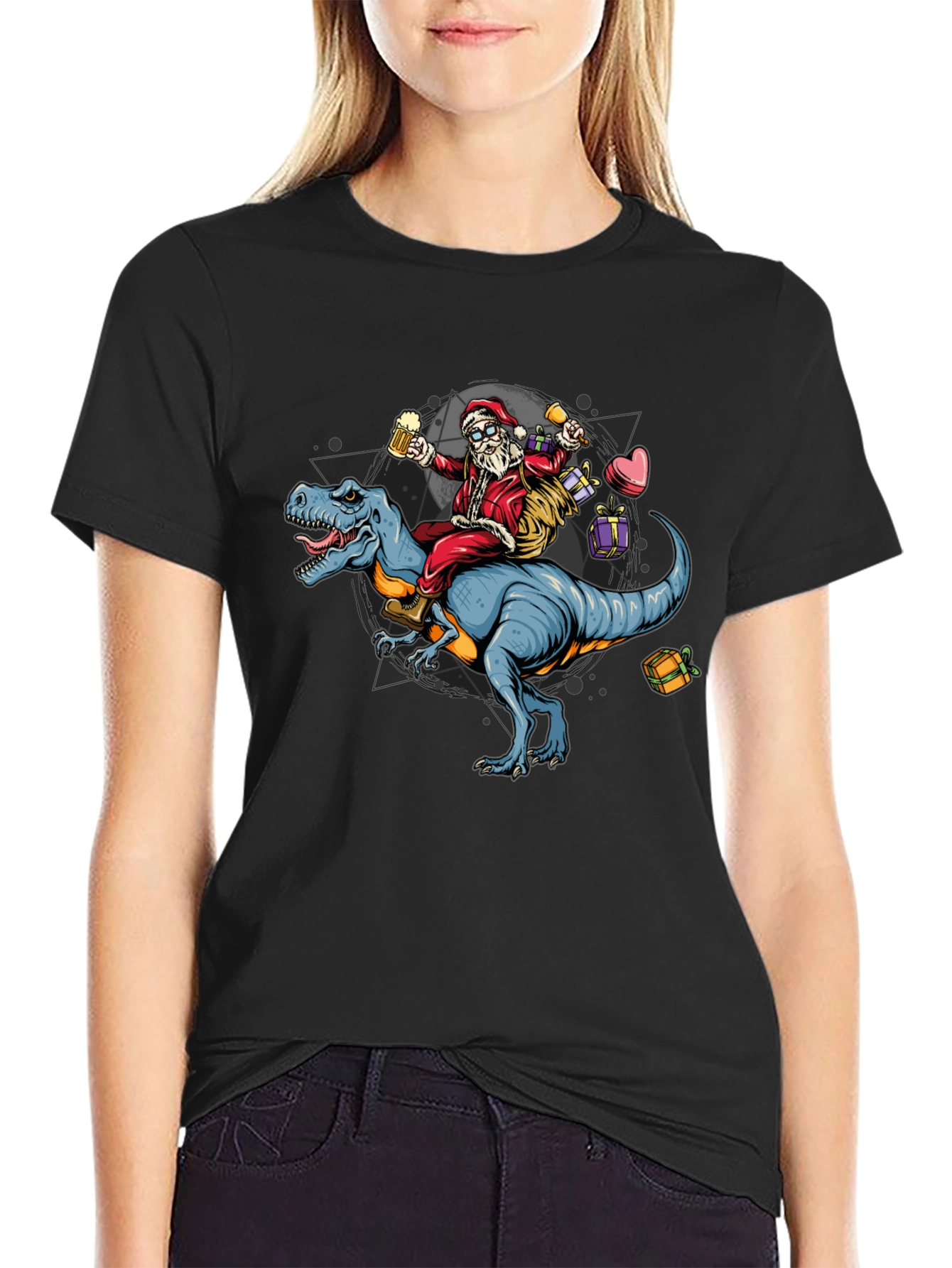 Black Santa Riding Dinosaur T-Shirt - Festive Holiday Apparel view 2