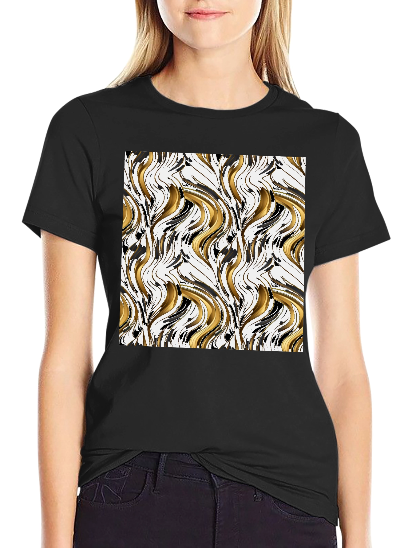 Black Abstract Gold & Black Swirl Print Black T-Shirt view 2