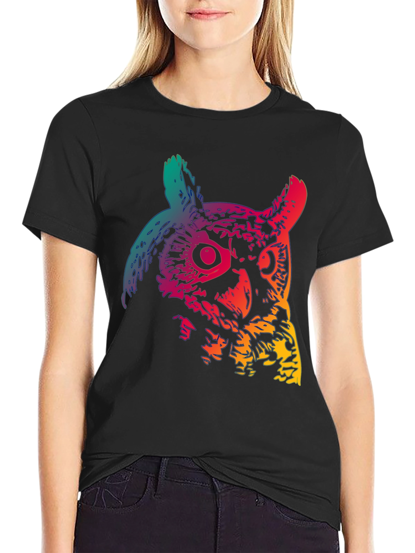 Black Rainbow Owl Graphic Print Black T-Shirt view 2