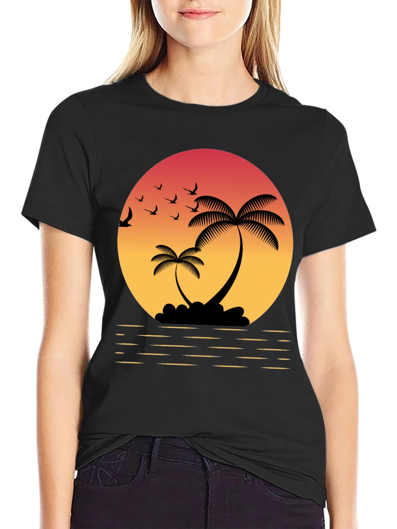 Black Tropical Sunset T-Shirt: Palm Trees & Birds view 2