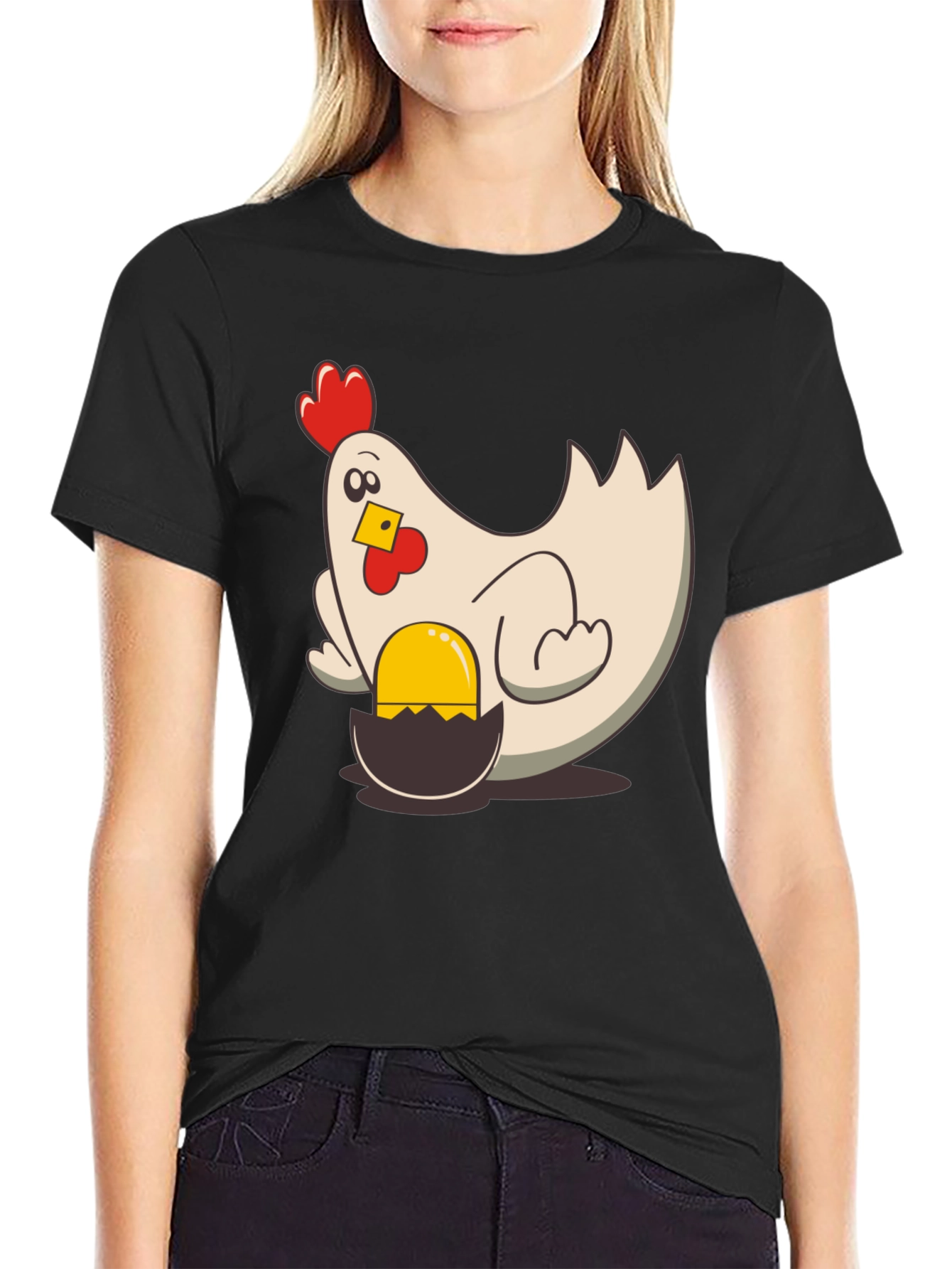 Black Funny Chicken and Egg Cartoon T-Shirt view 2