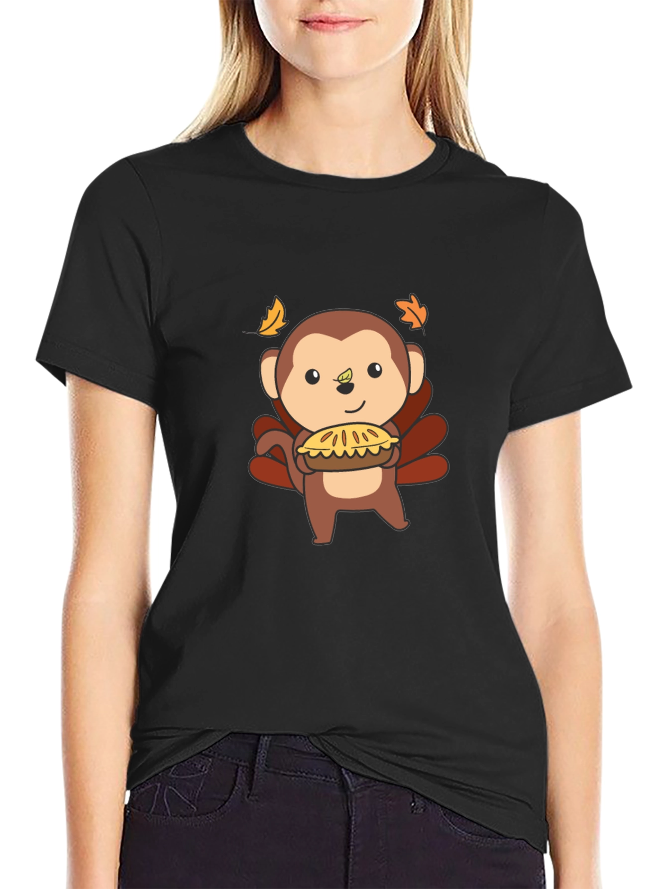 Black Thanksgiving Monkey Holding Pie Black T-Shirt view 2