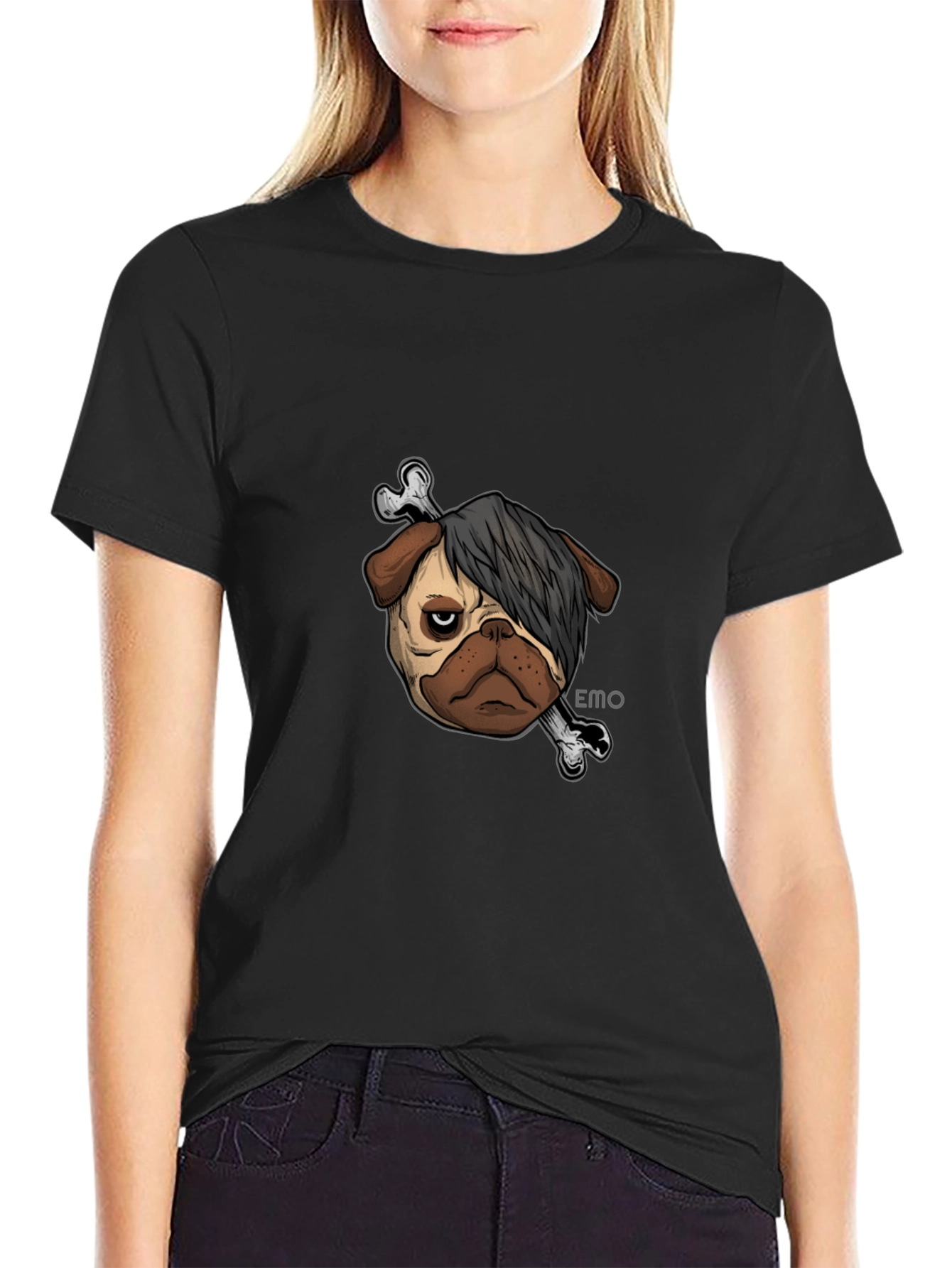 Black Emo Pug T-Shirt - Unisex Black Cotton Graphic Tee view 2