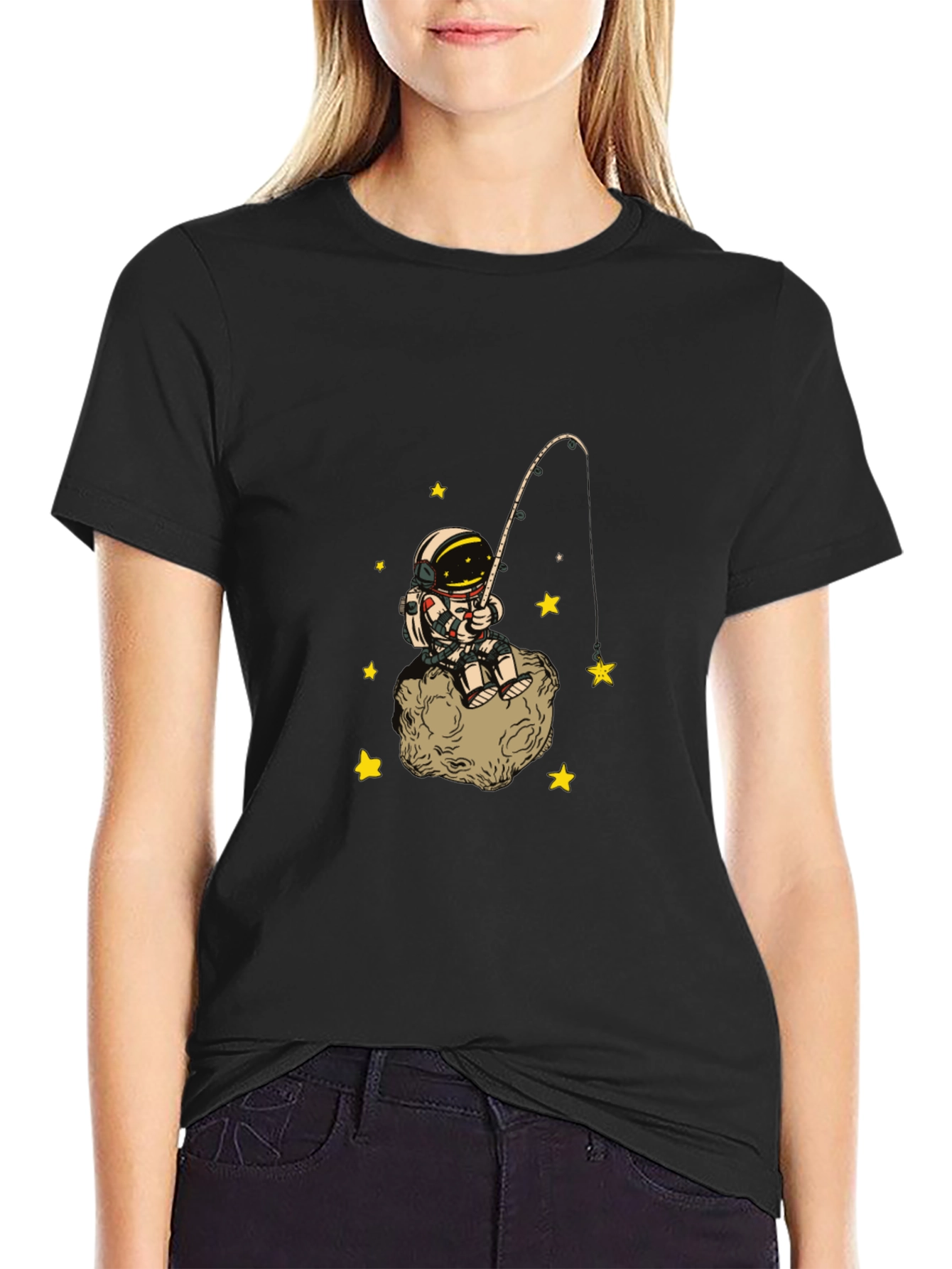 Black Astronaut Fishing Starry Tee - Outer Space Cotton T-Shirt view 2