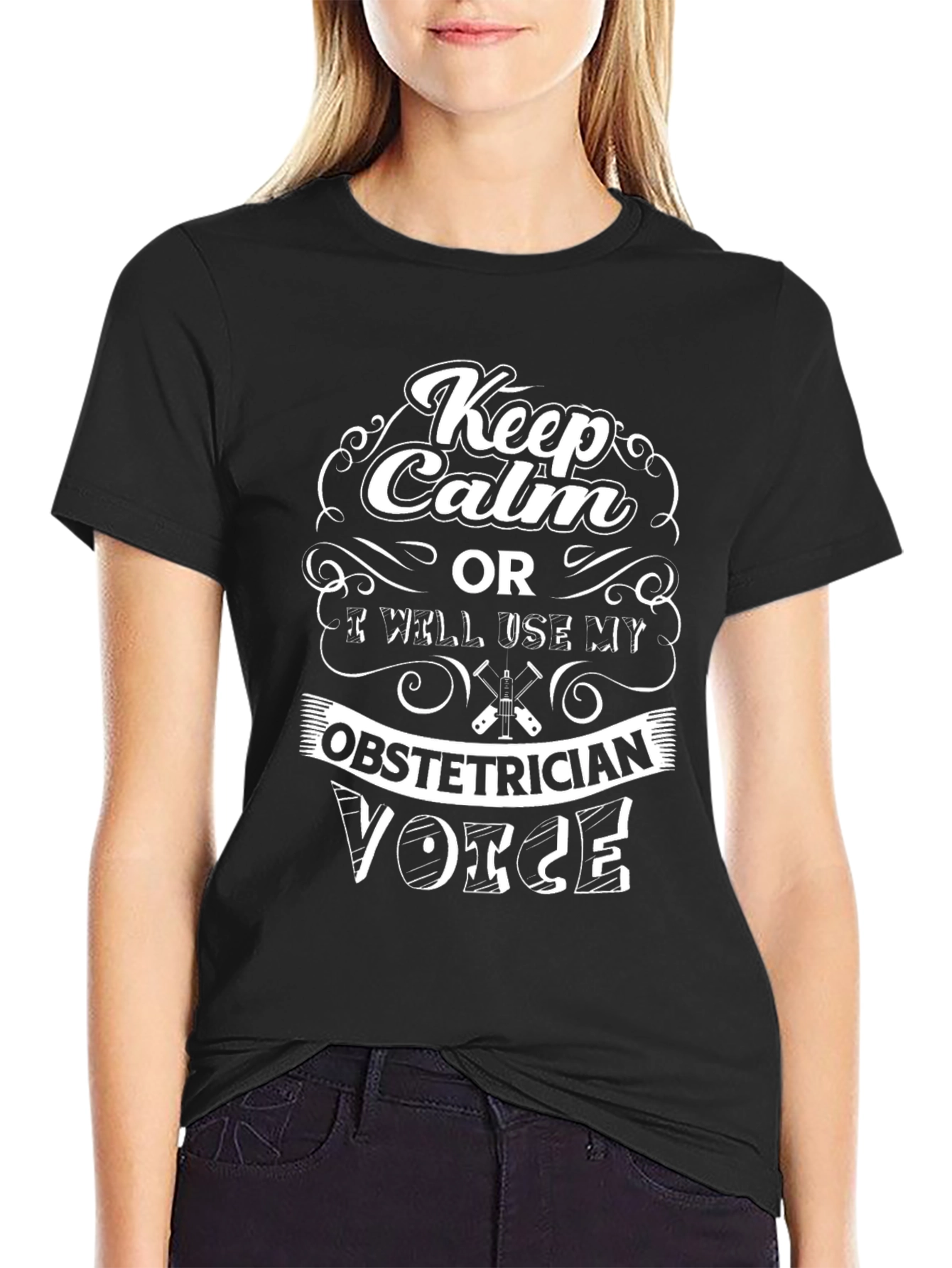Black Keep Calm Obstetrician Voice T-Shirt view 2