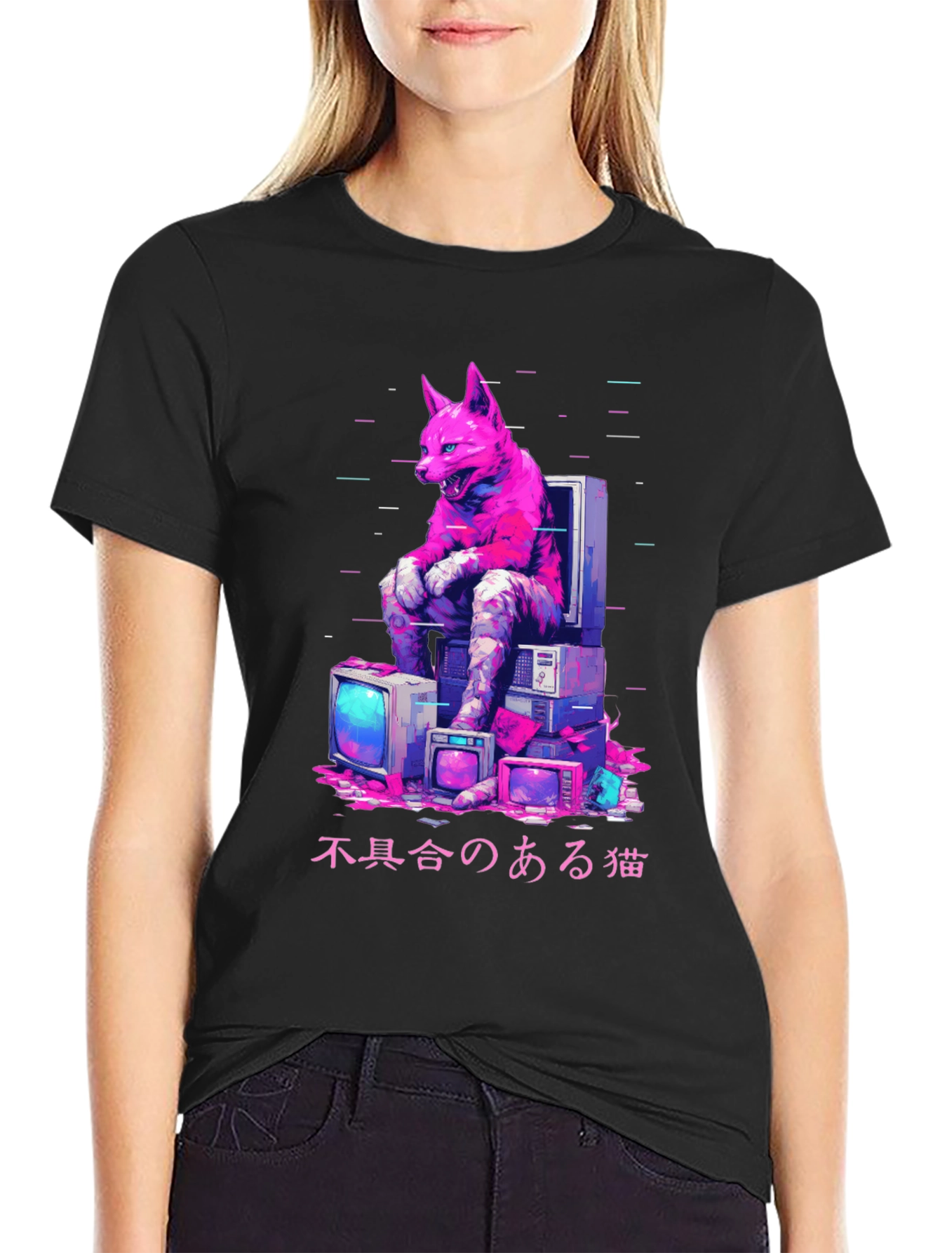 Black Cyberpunk Cat Glitch T-Shirt view 2