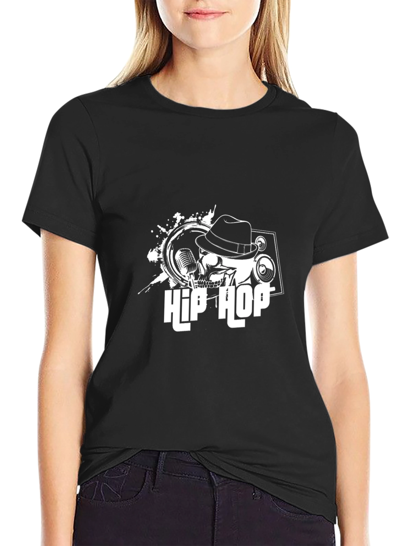 Black Hip Hop Skull Graphic T-Shirt - Black view 2