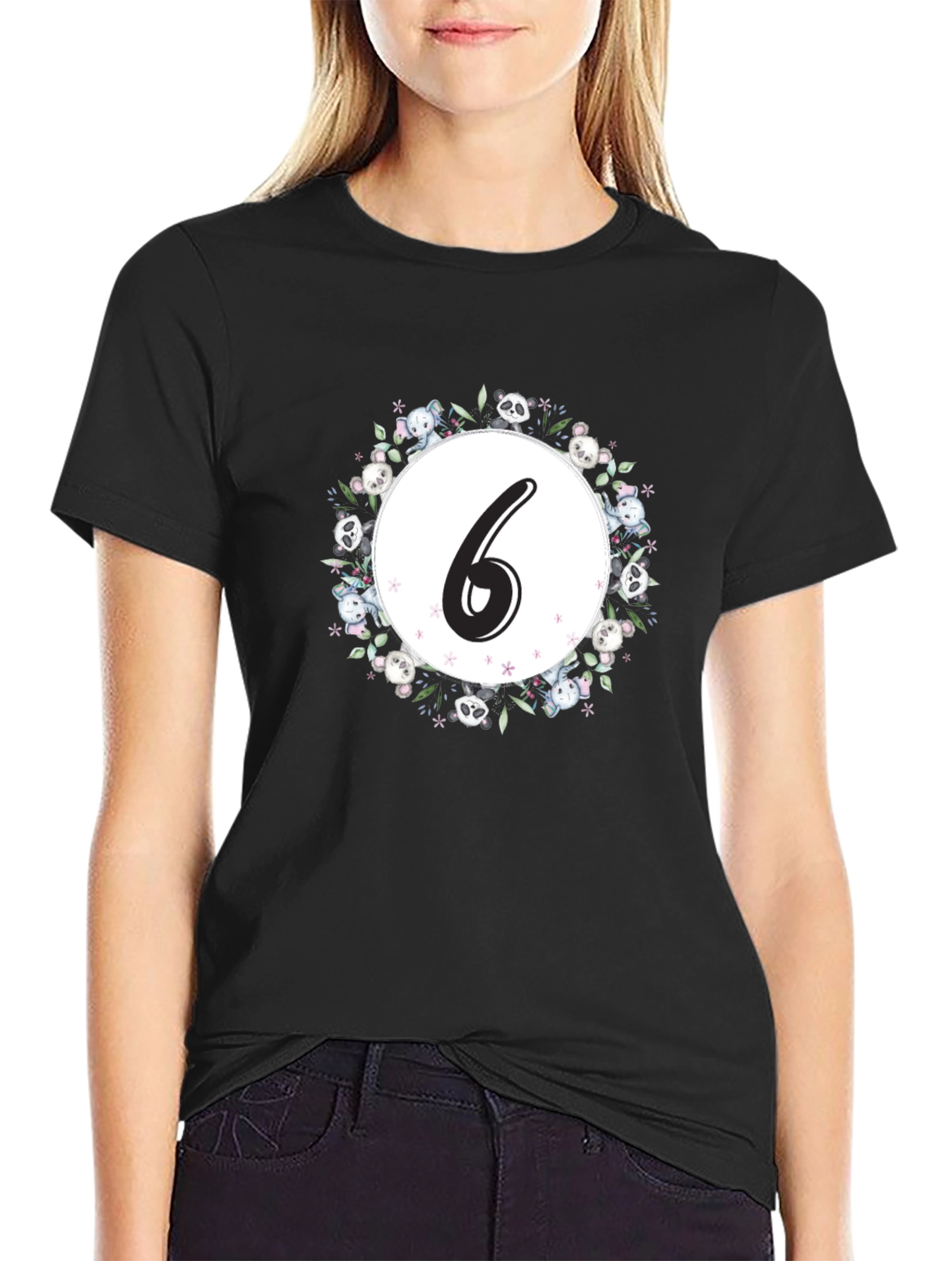 Black Cute Number 6 Panda Floral Wreath Black T-Shirt view 2