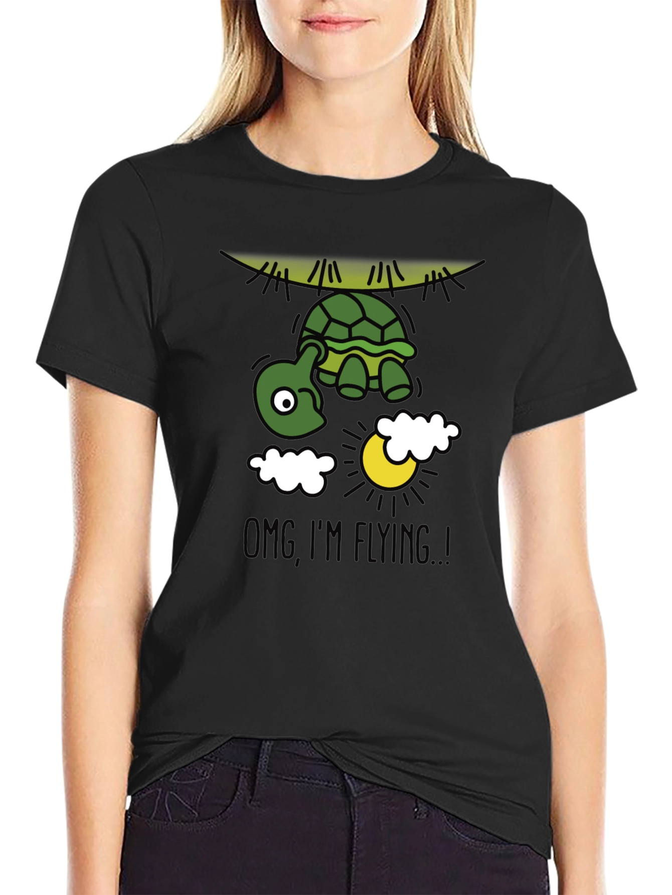 Black Funny Flying Turtle Graphic Tee view 2