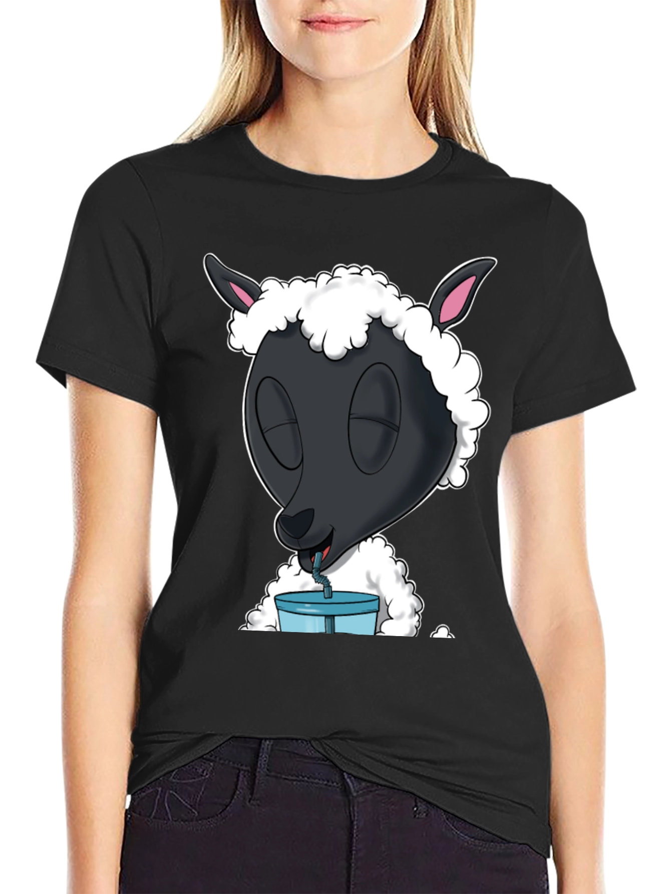 Black Black Sheep Drinking T-Shirt - Cartoon Style view 2