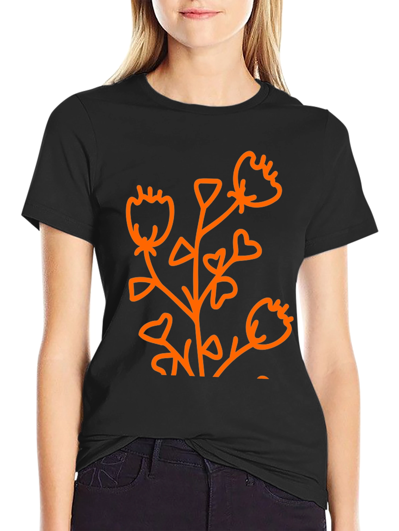 Black Black Graphic Tee - Abstract Orange Flower Design view 2