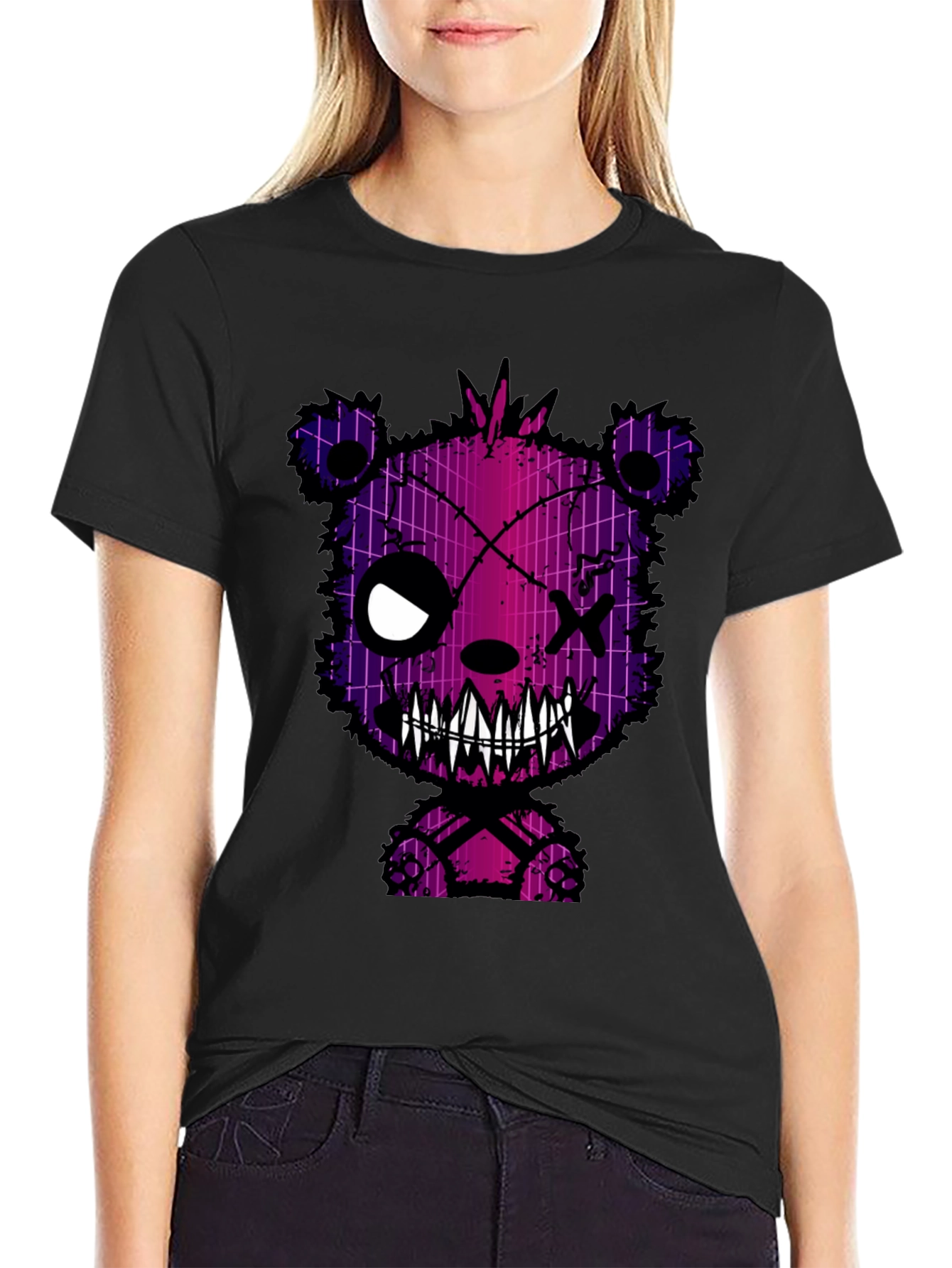 Black Creepy Bear Graphic Print T-Shirt view 2
