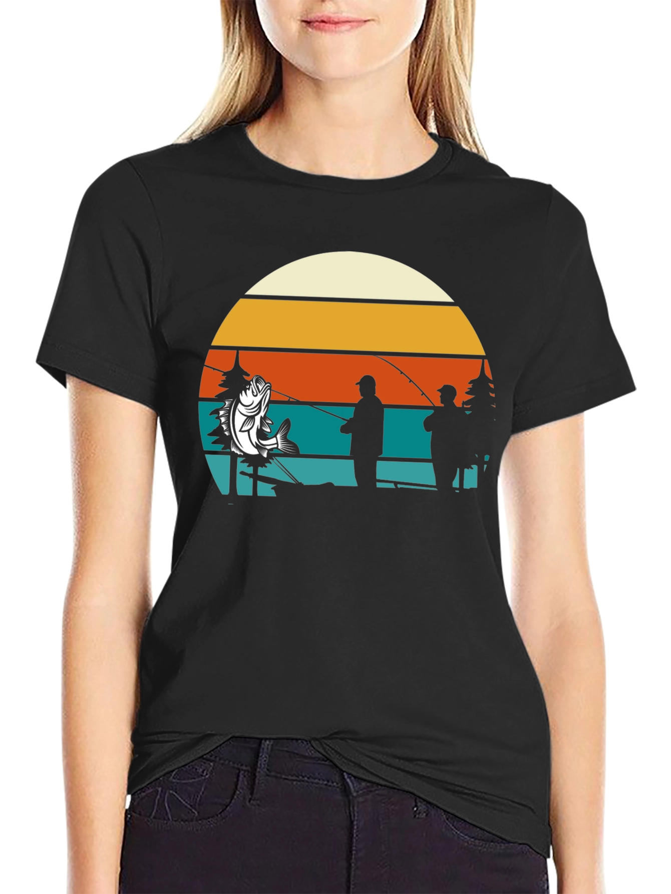 Black Fishing Retro Sunset T-Shirt view 2