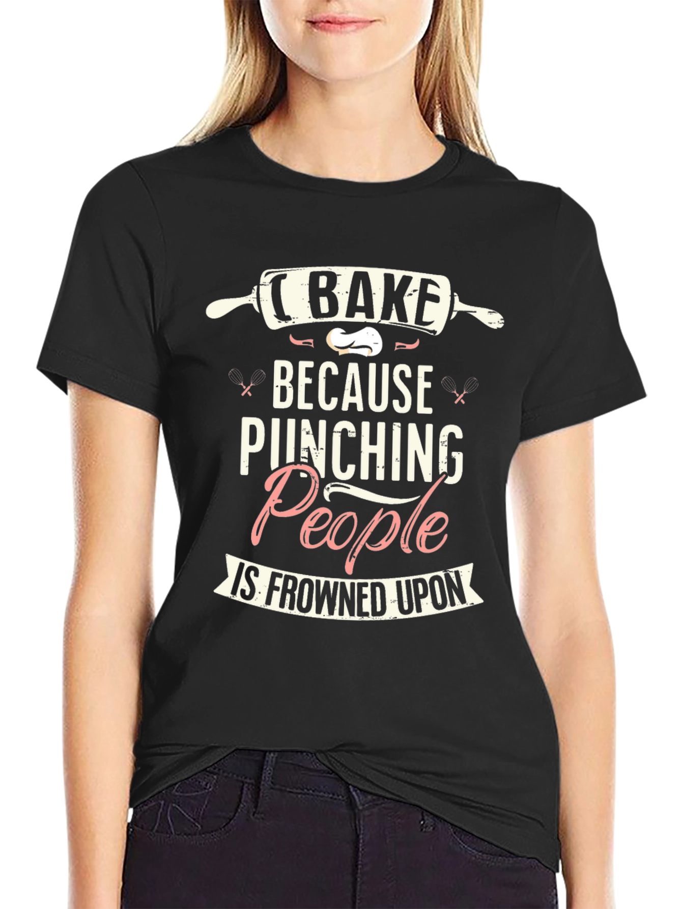 Black I Bake Because Punching People Is Frowned Upon T-Shirt view 2
