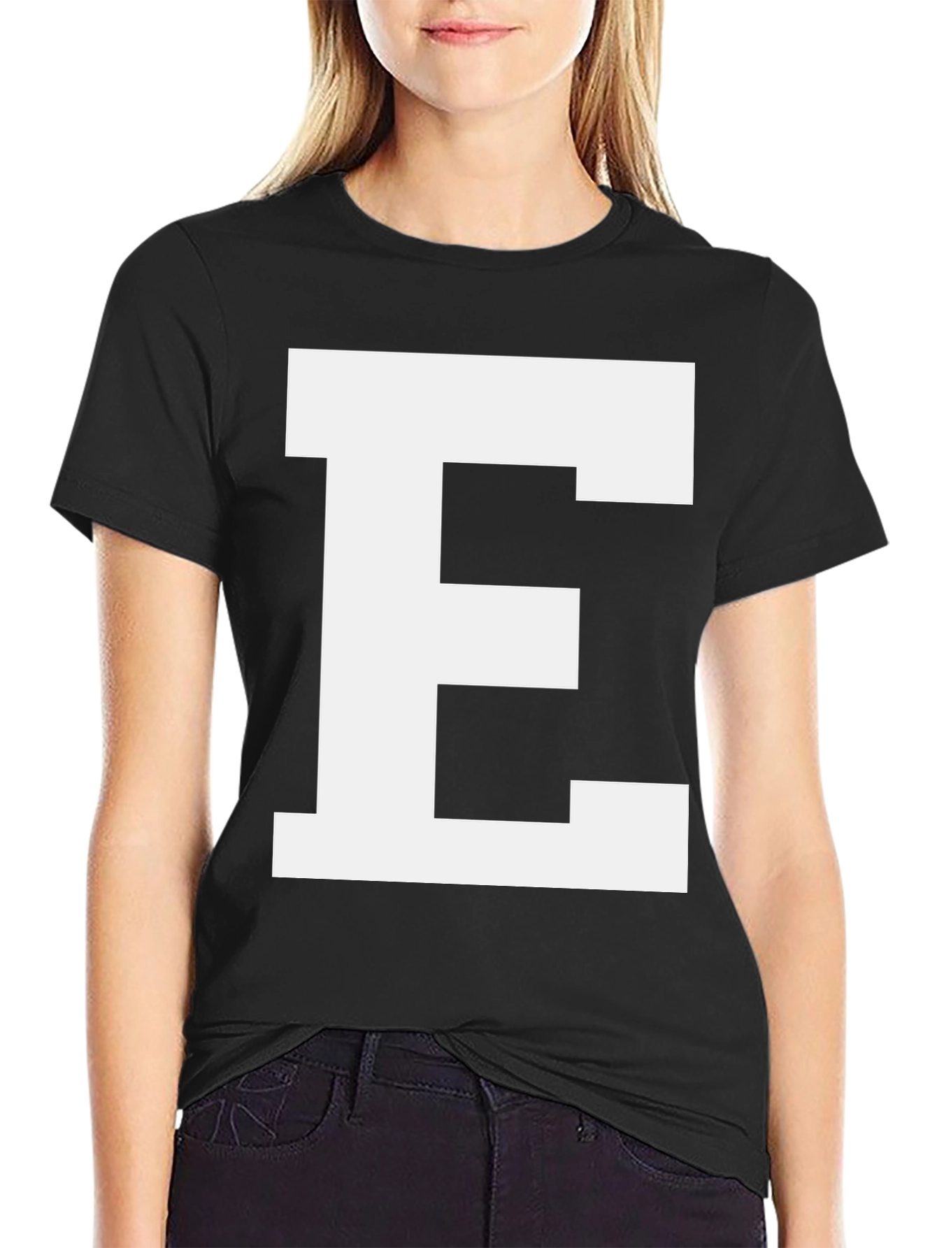 Black Bold Initial 'E' Black Cotton T-Shirt view 2