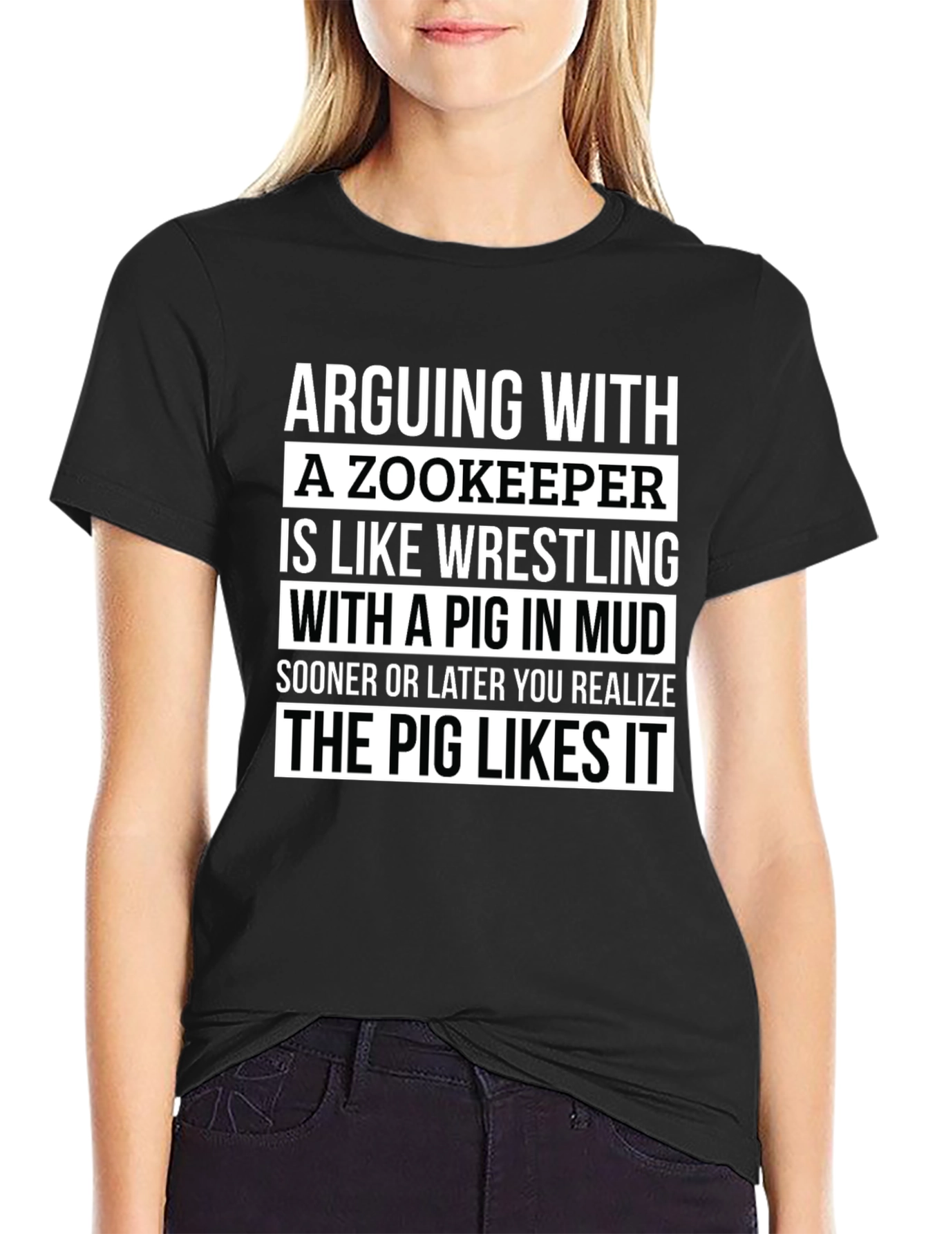 Black Zookeeper Pig Mud Wrestling Slogan T-Shirt view 2