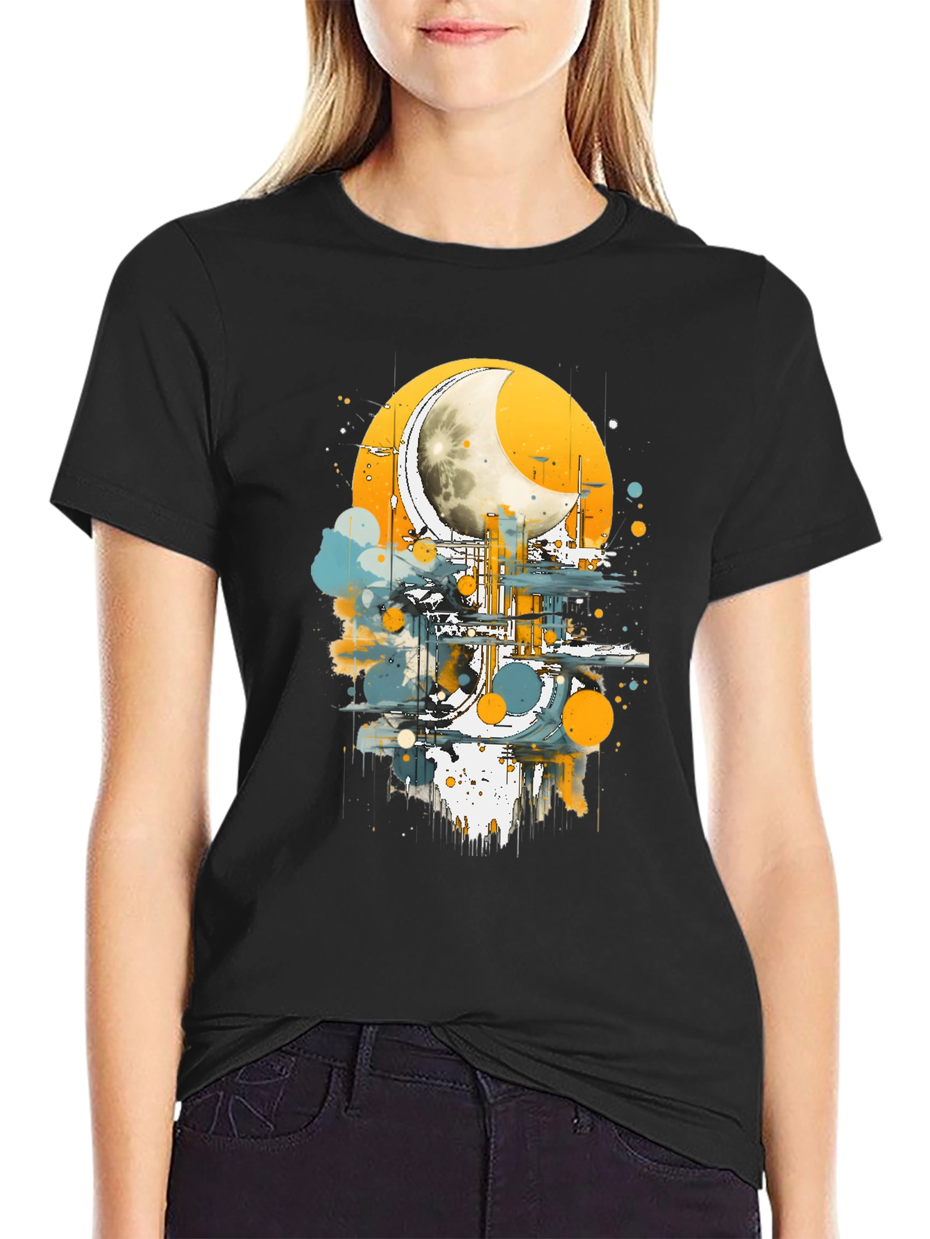 Black Abstract Moon Graphic Tee - Stylish Black Cotton T-Shirt view 2