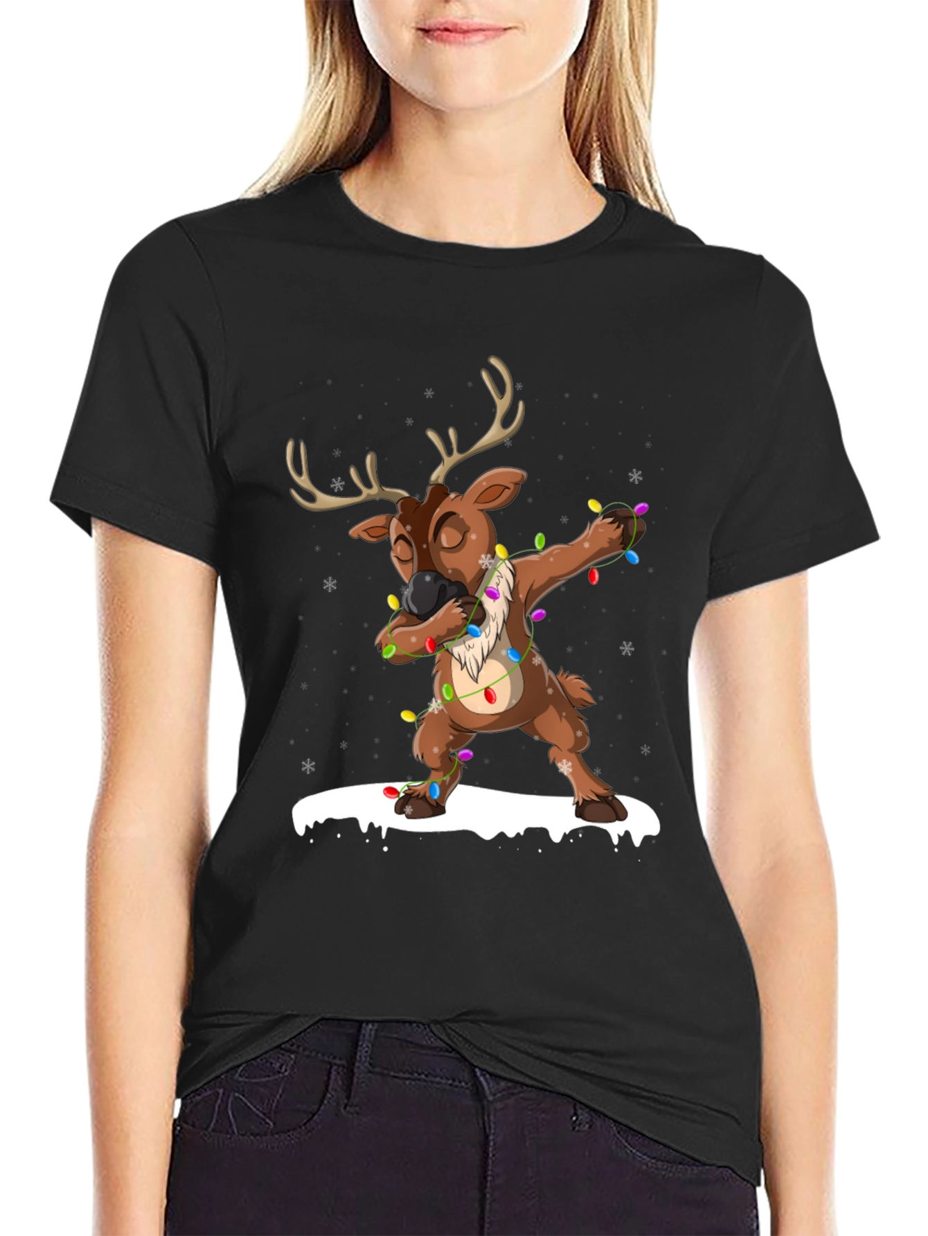 Black Dabbing Reindeer Christmas T-Shirt view 2
