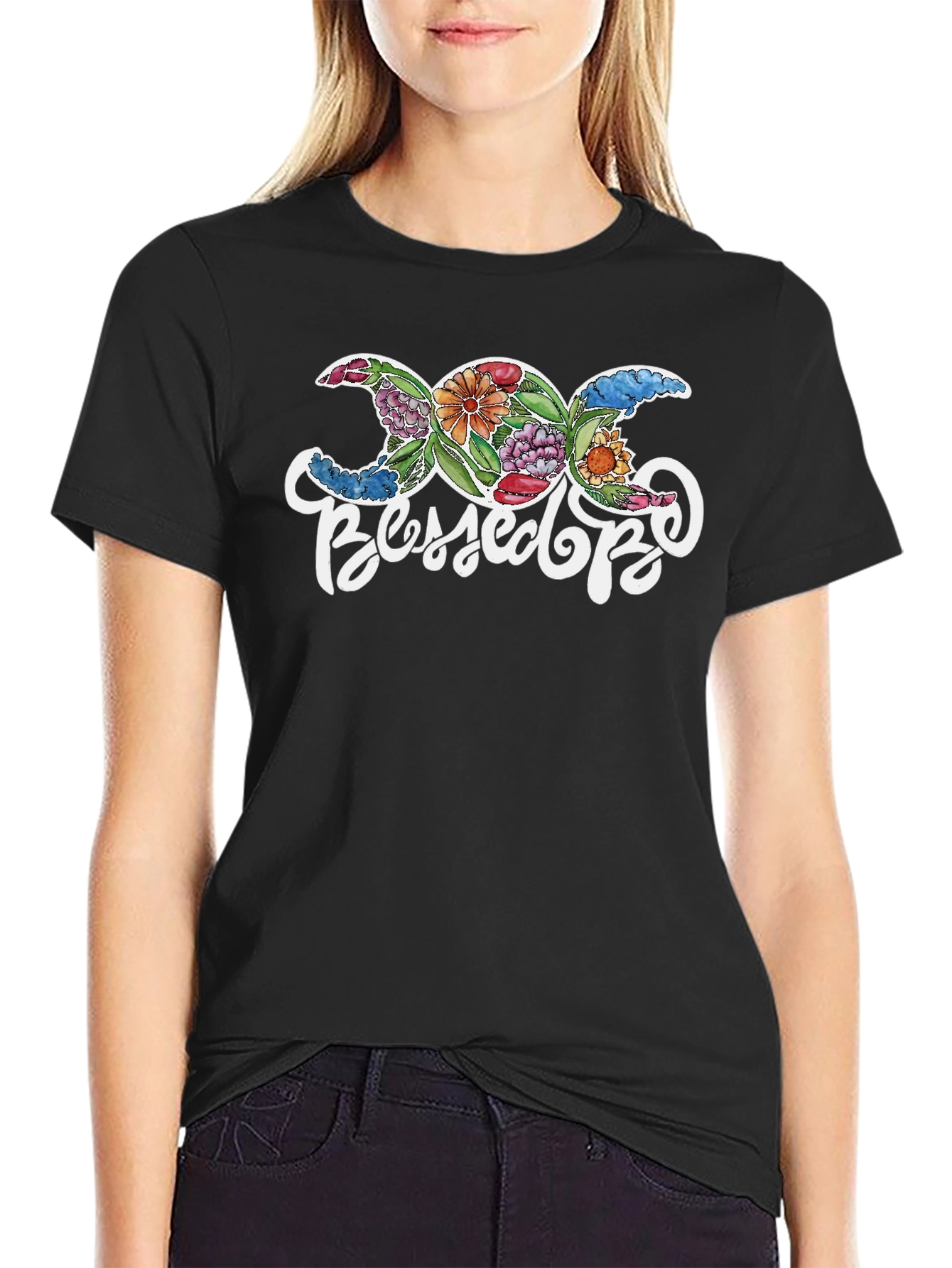 Black Floral Triple Moon Goddess Blessed Be T-Shirt view 2