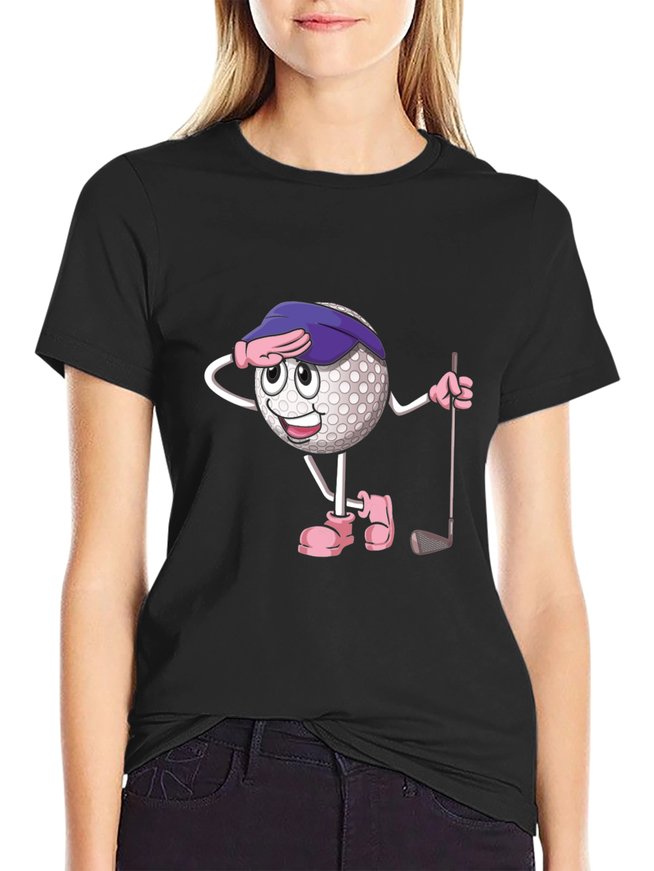 Black Funny Golf Ball Cartoon T-Shirt view 2