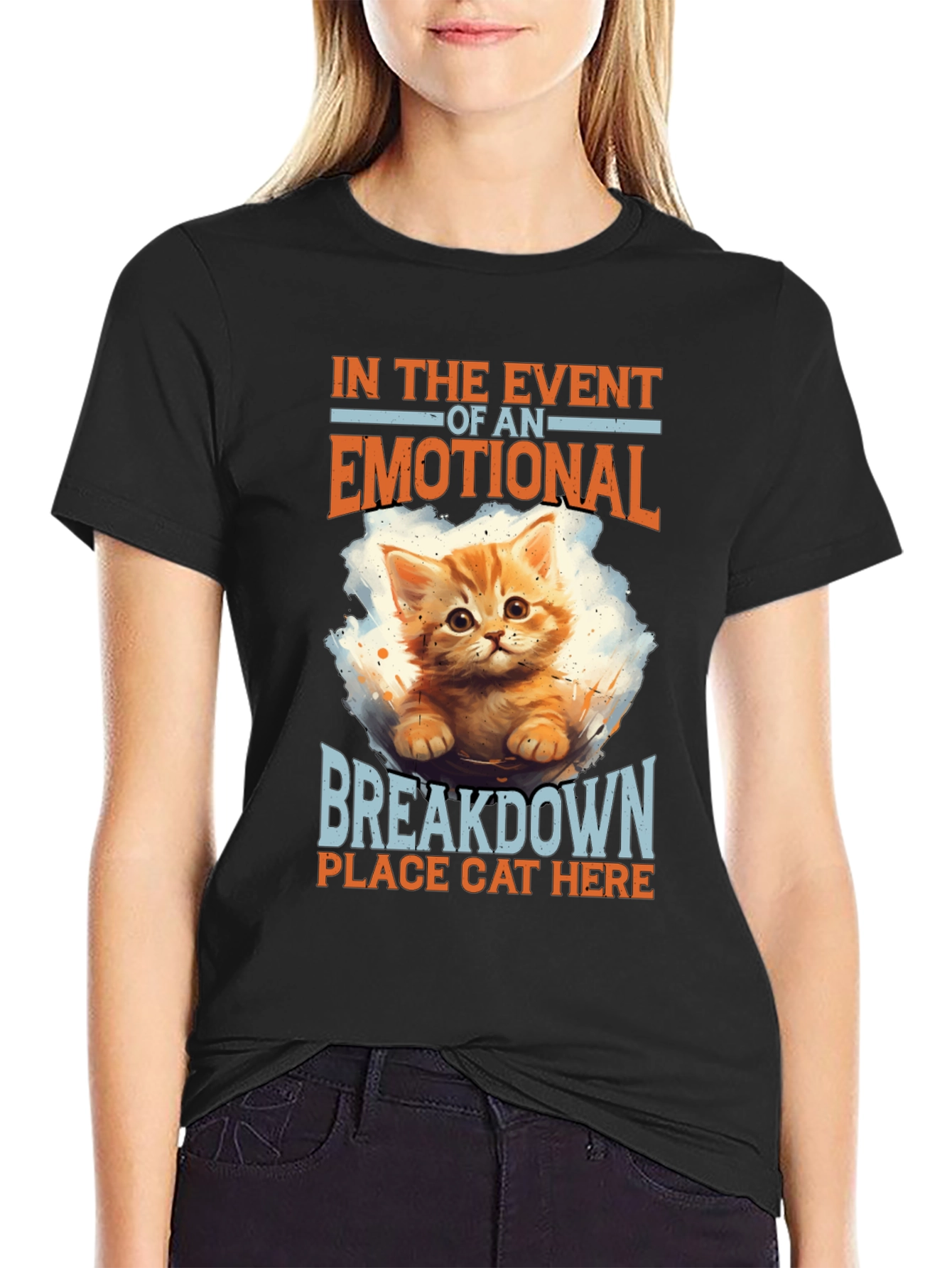 Black Emotional Breakdown Cat T-Shirt view 2